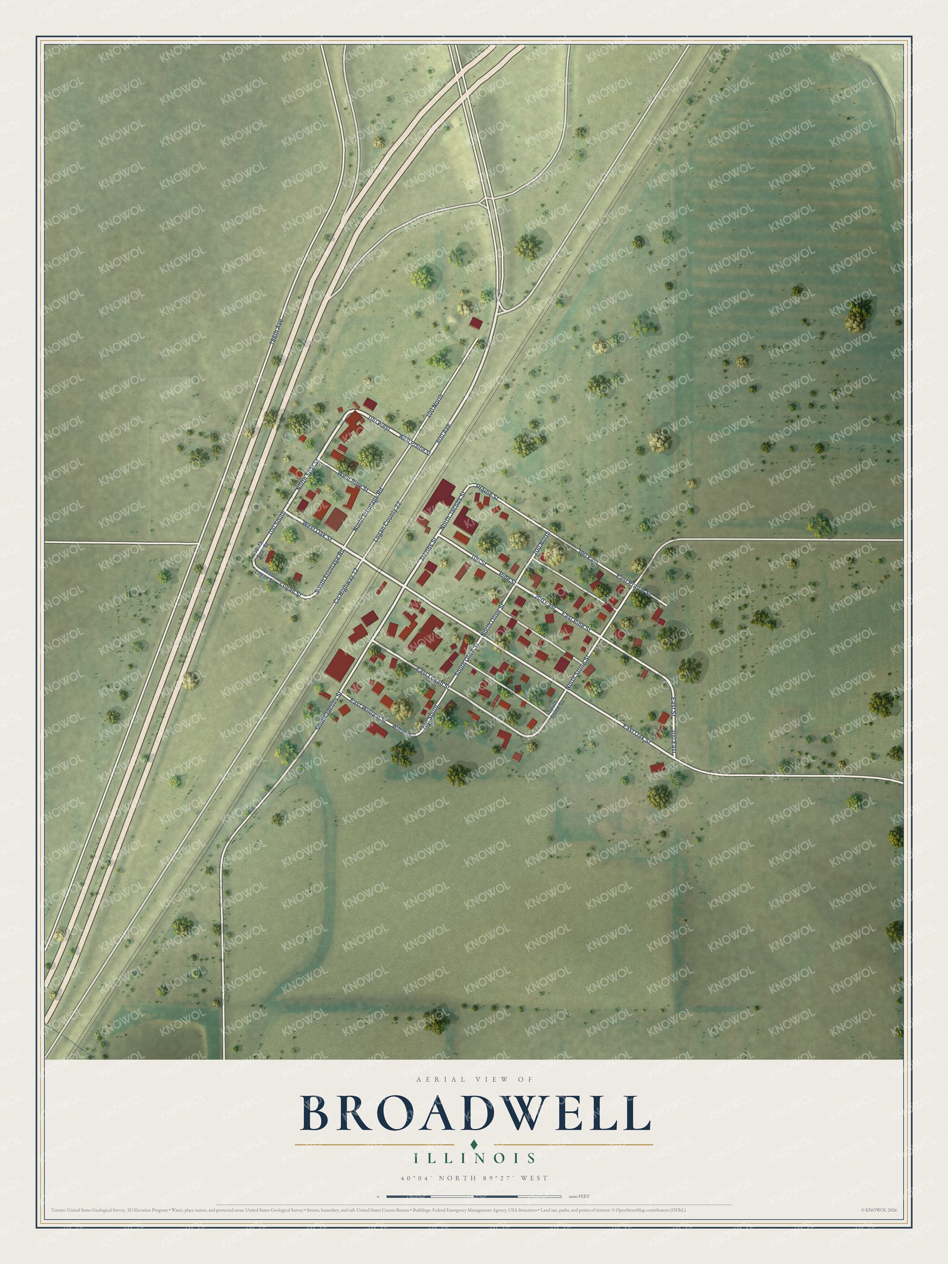 Full map of Broadwell, Illinois, with red buildings, printed street names and the land around them