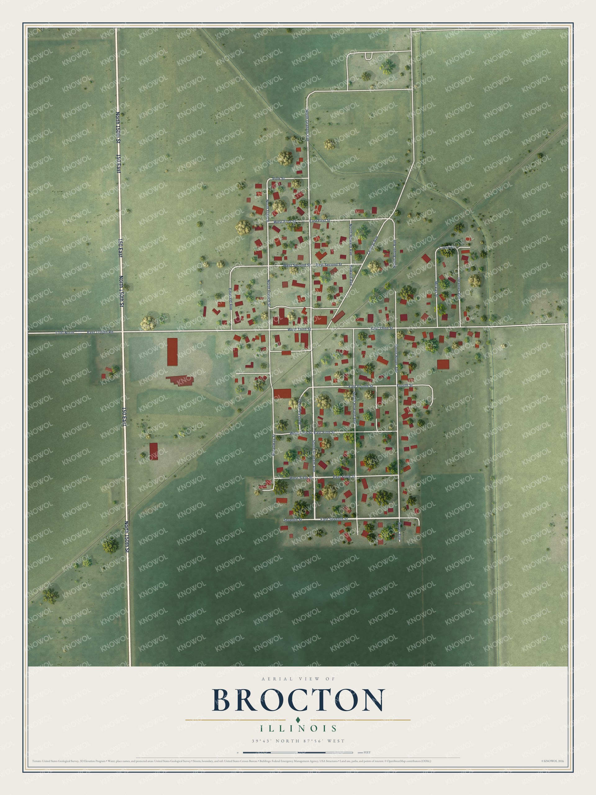 Full map of Brocton, Illinois, with red buildings, printed street names and the land around them