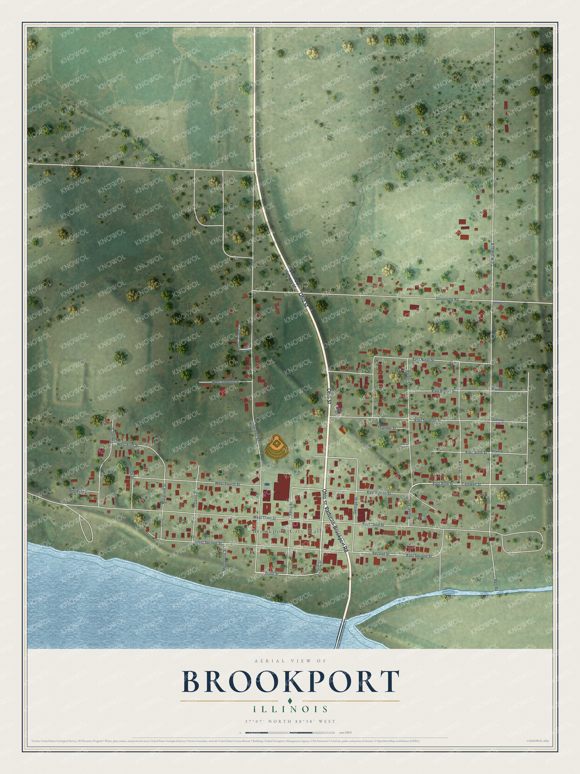 Full map of Brookport, Illinois, with red buildings, printed street names and the land around them