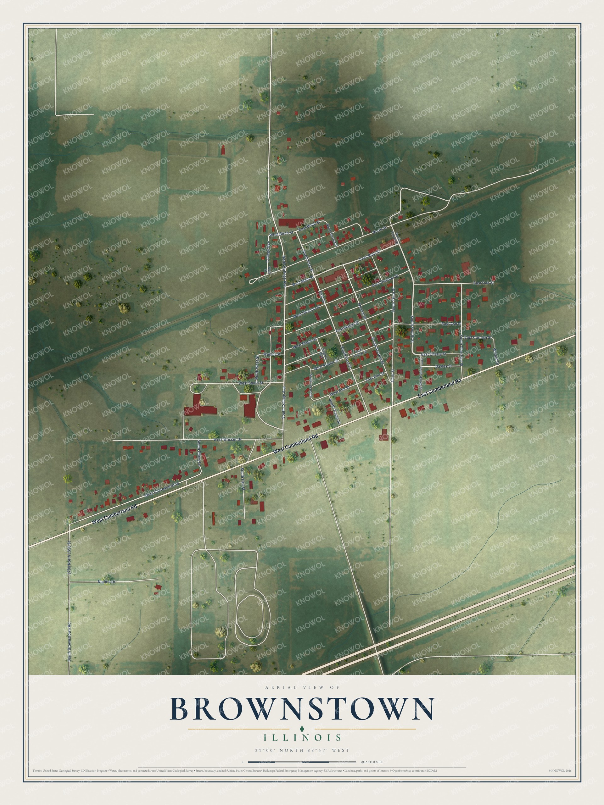 Full map of Brownstown, Illinois, with red buildings, printed street names and the land around them