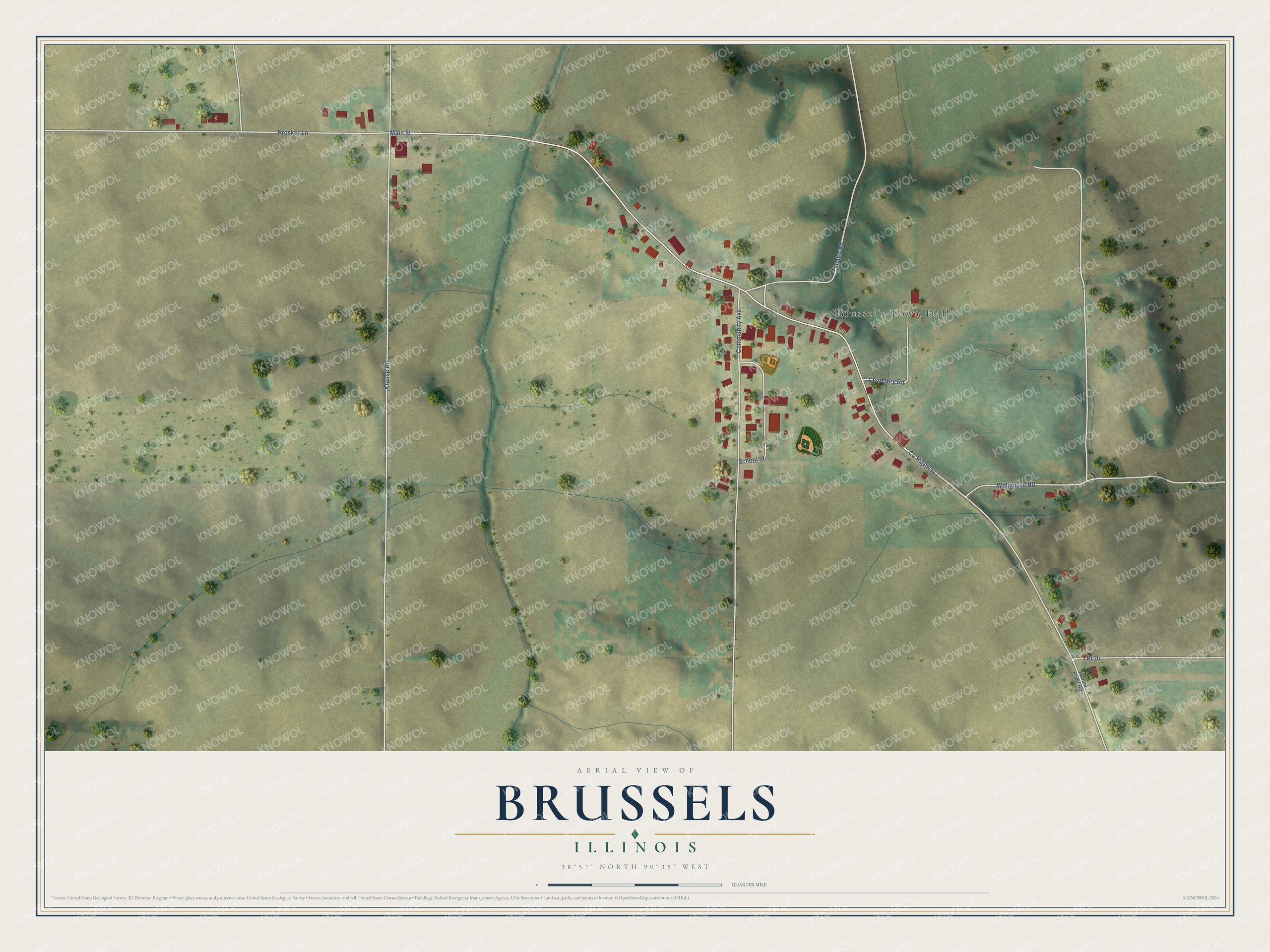Full map of Brussels, Illinois, with red buildings, printed street names and the land around them