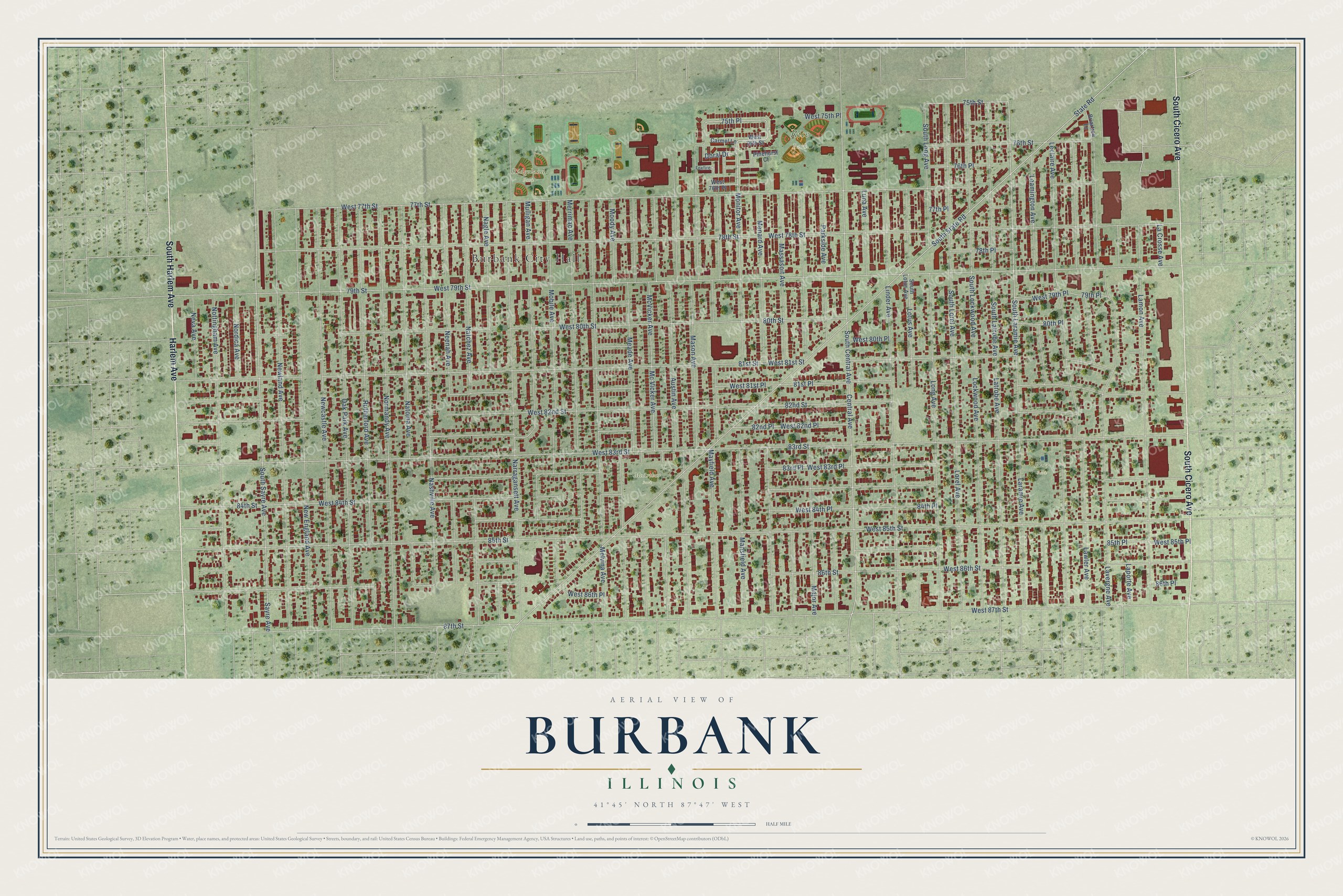 Watermarked full-map preview of Burbank, Illinois