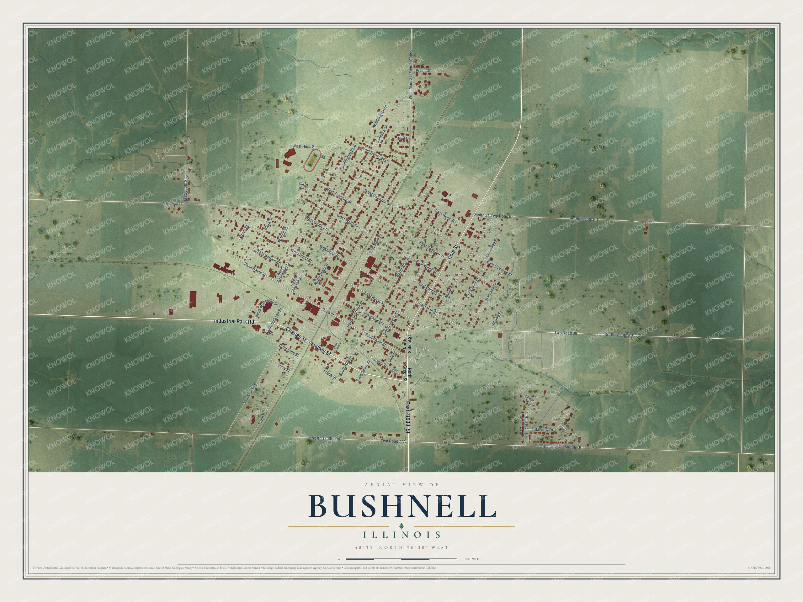 Watermarked full-map preview of Bushnell, Illinois