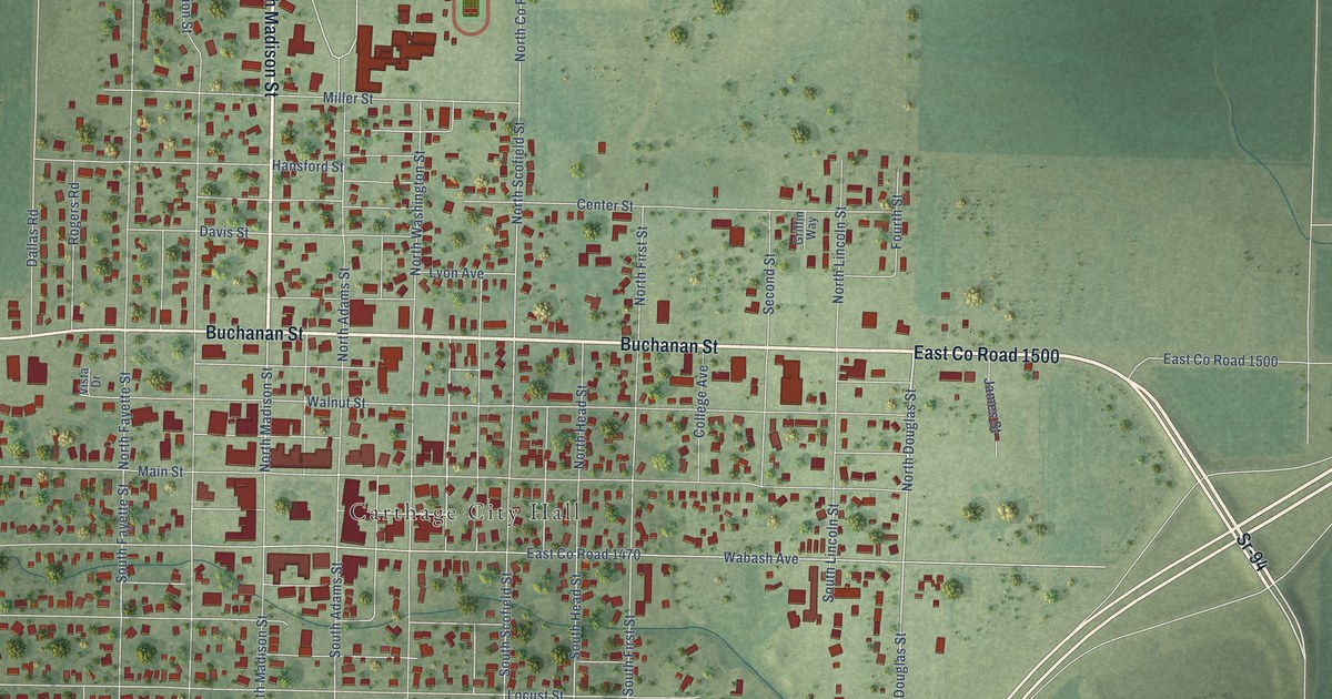 Map of Carthage, Illinois in 2026