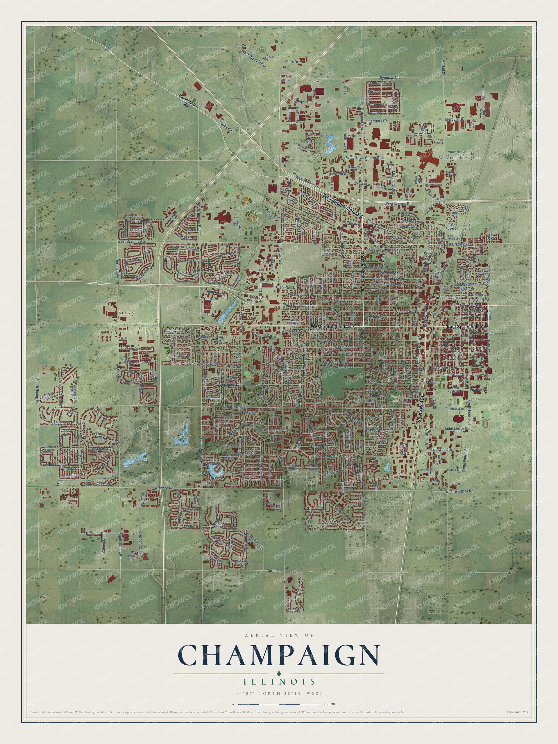 Full map of Champaign, Illinois, with red buildings, printed street names and the land around them