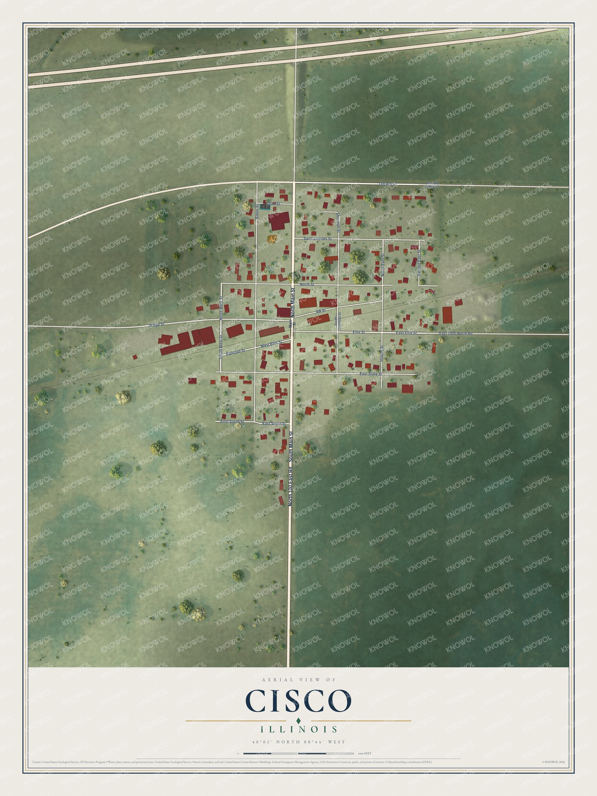 Full map of Cisco, Illinois, with red buildings, printed street names and the land around them