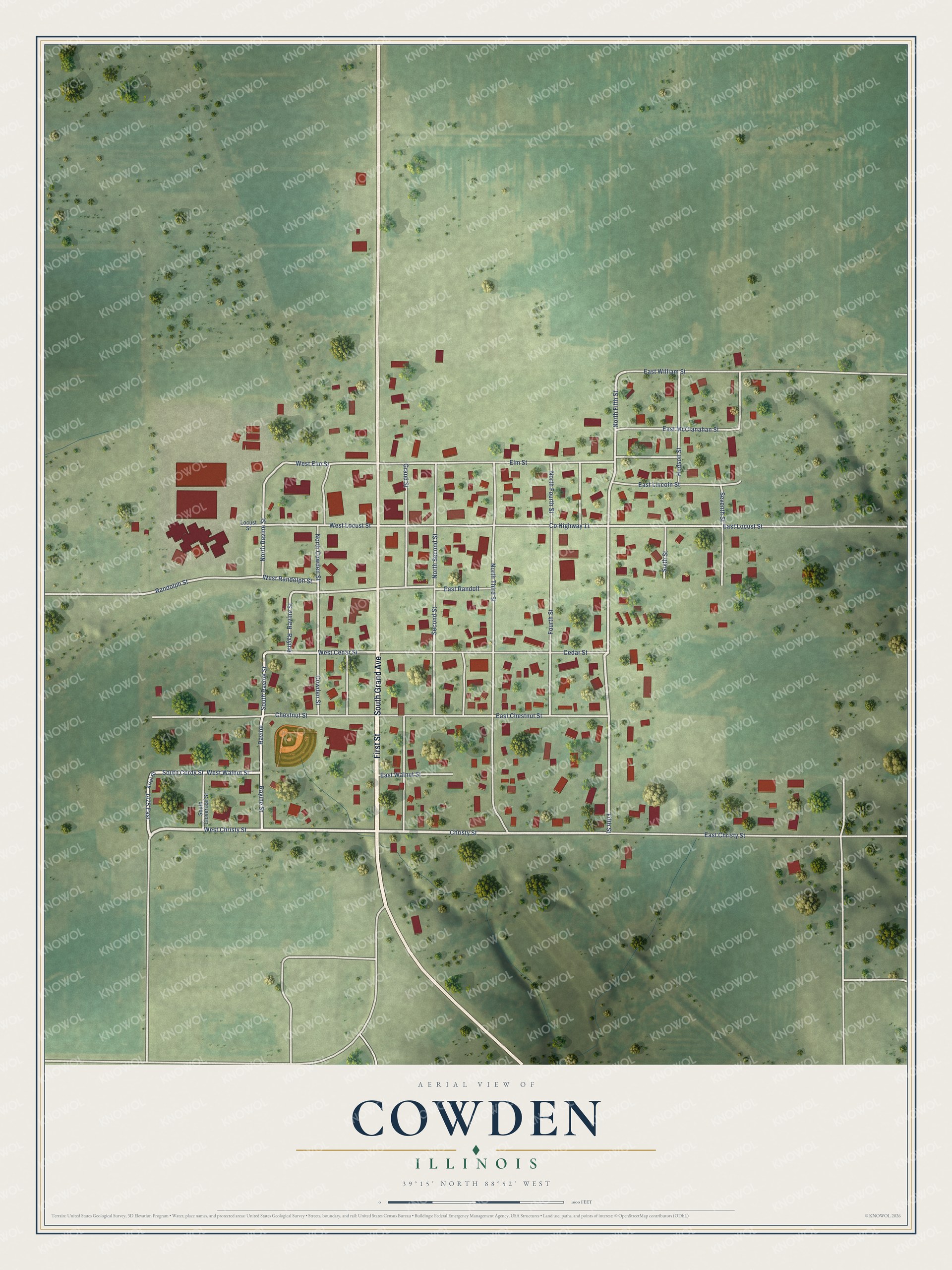 Watermarked full-map preview of Cowden, Illinois