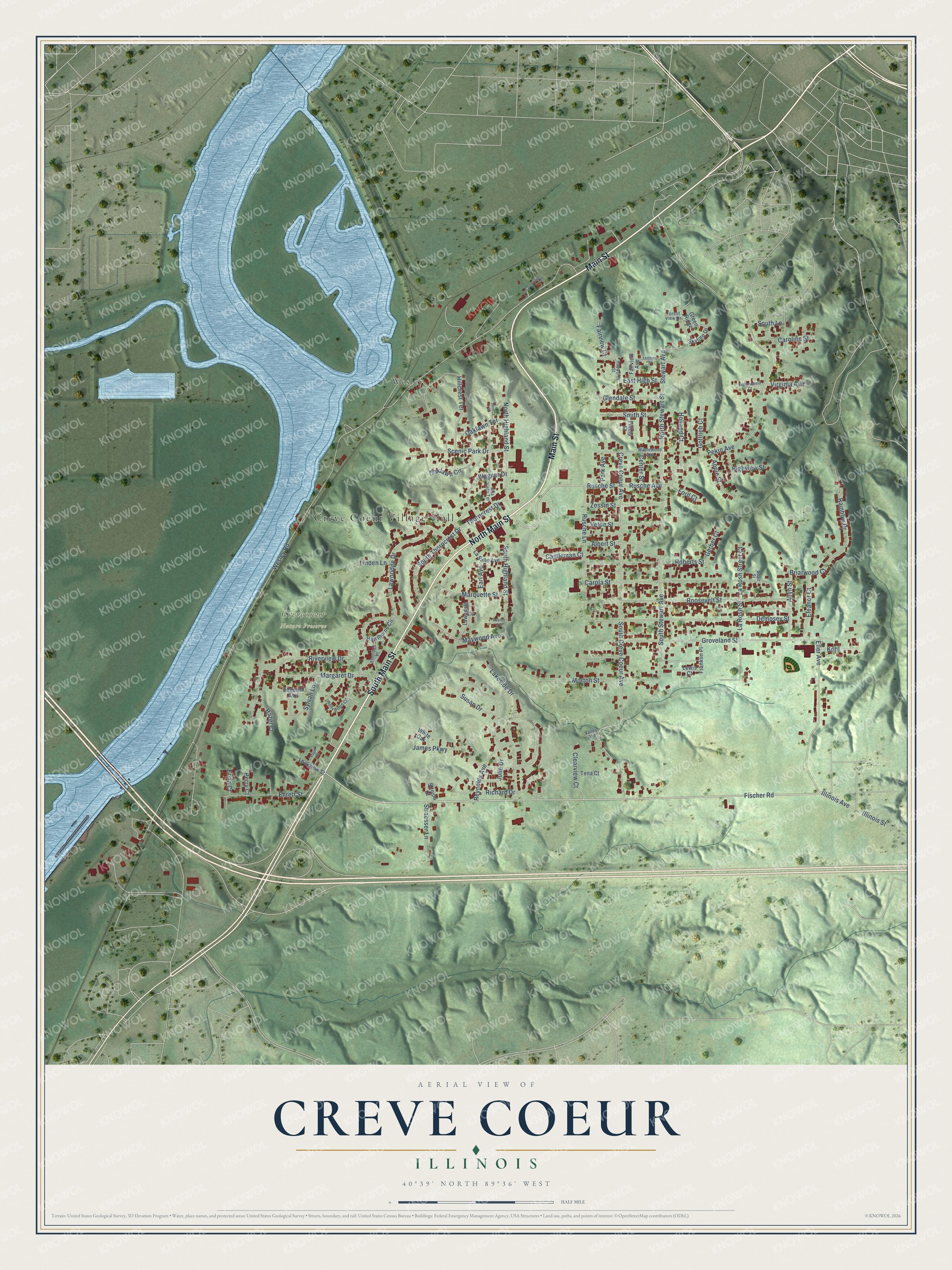 Full map of Creve Coeur, Illinois, with red buildings, printed street names and the land around them