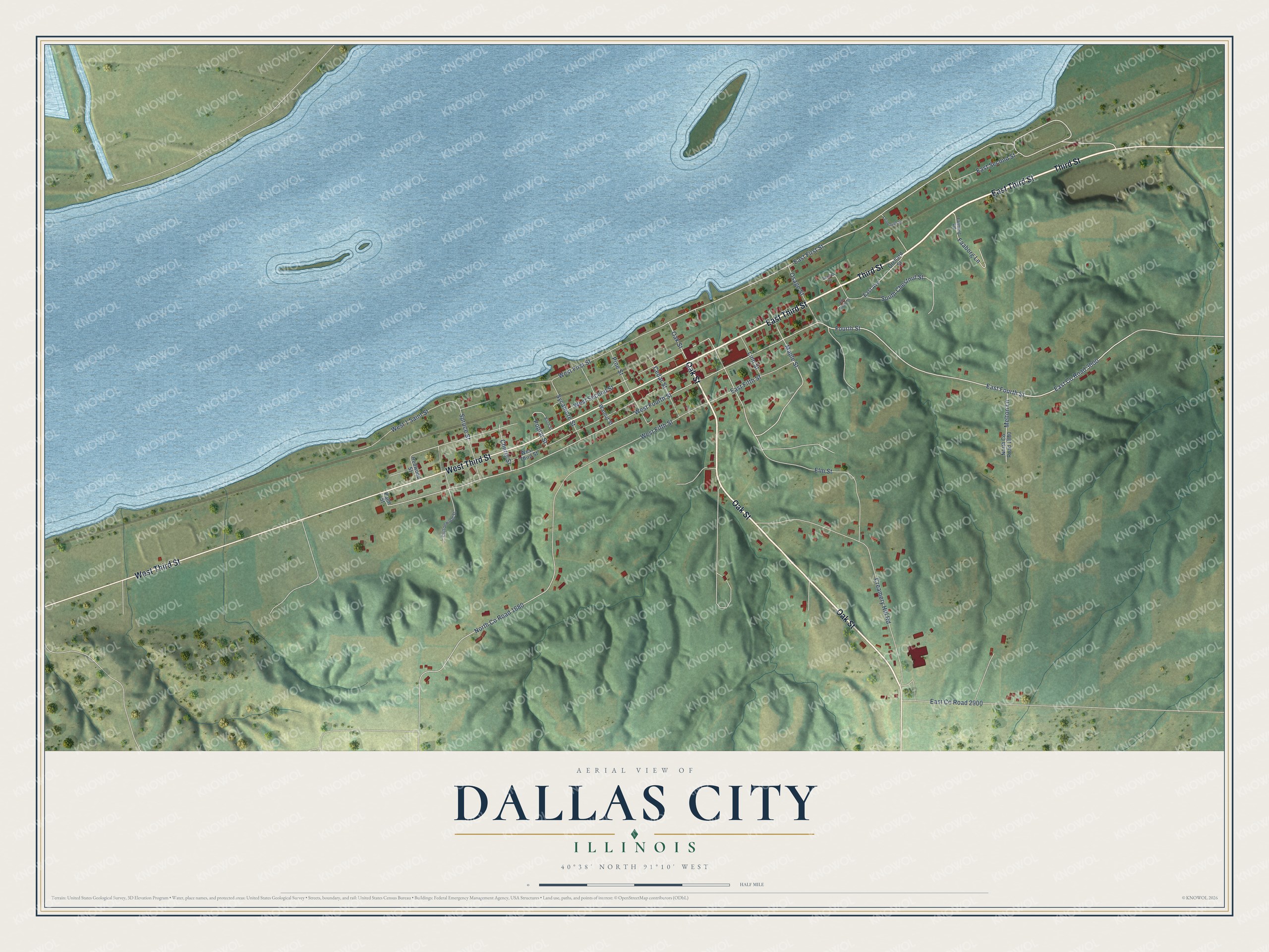 Full map of Dallas City, Illinois, with red buildings, printed street names and the land around them