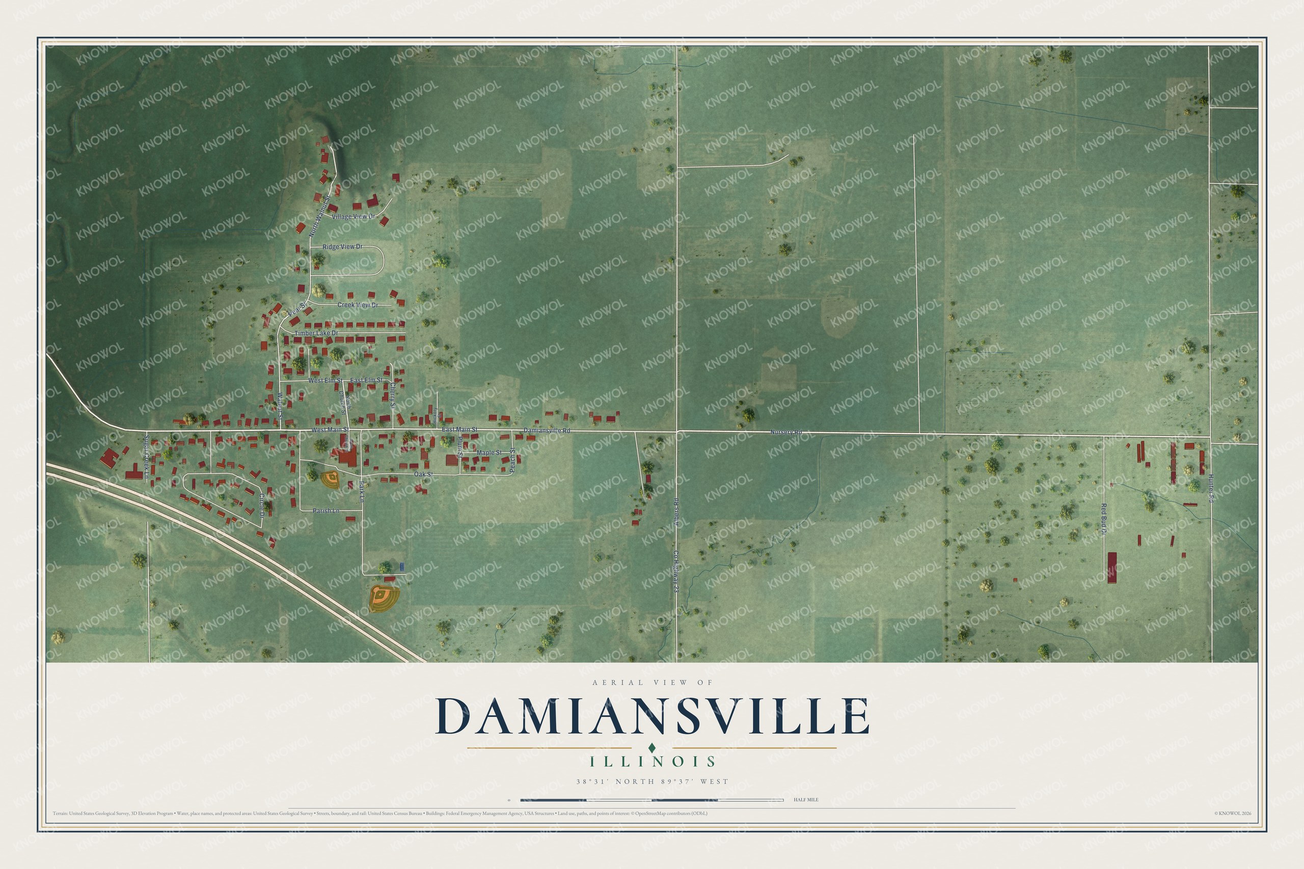 Full map of Damiansville, Illinois, with red buildings, printed street names and the land around them