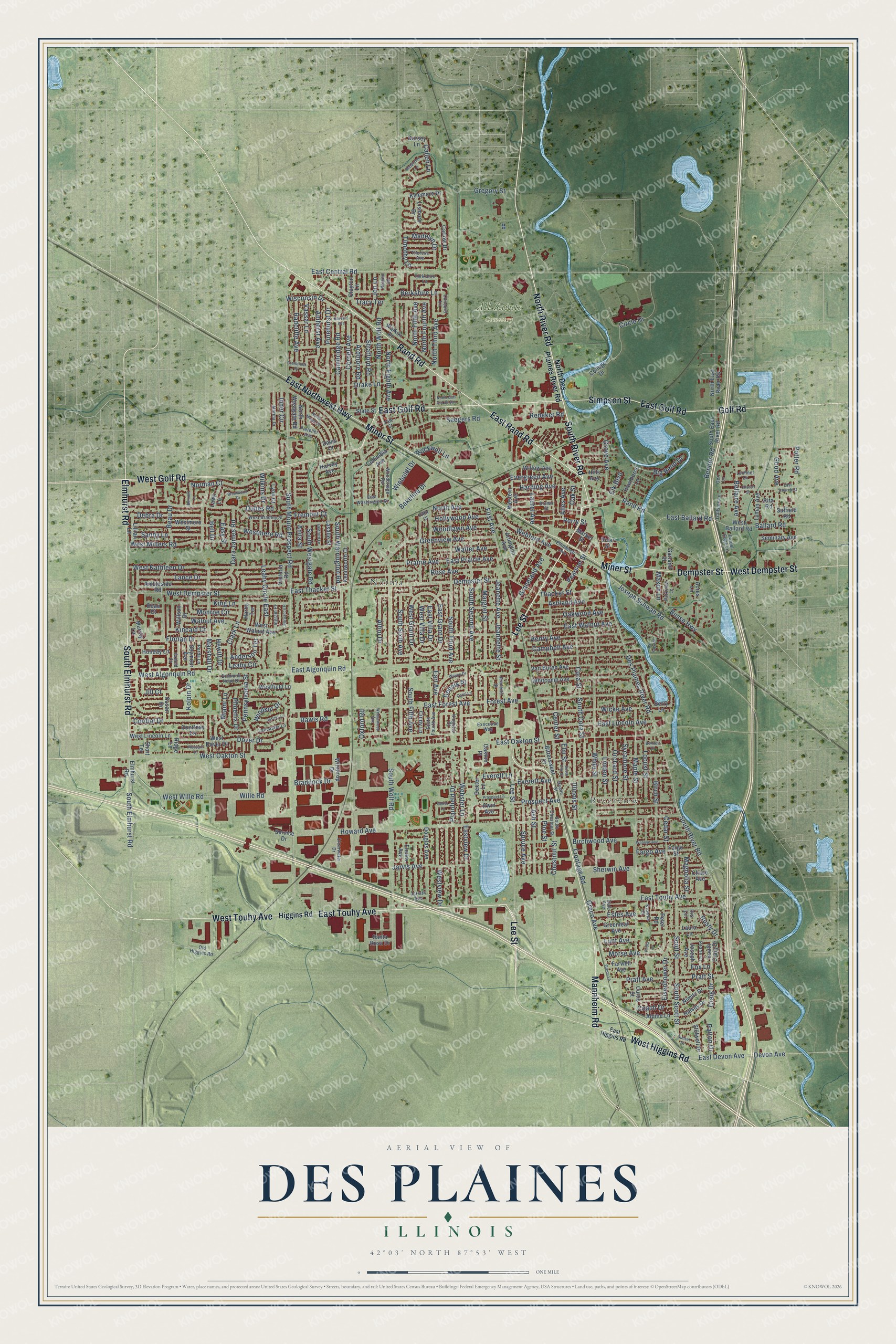 Full map of Des Plaines, Illinois, with red buildings, printed street names and the land around them