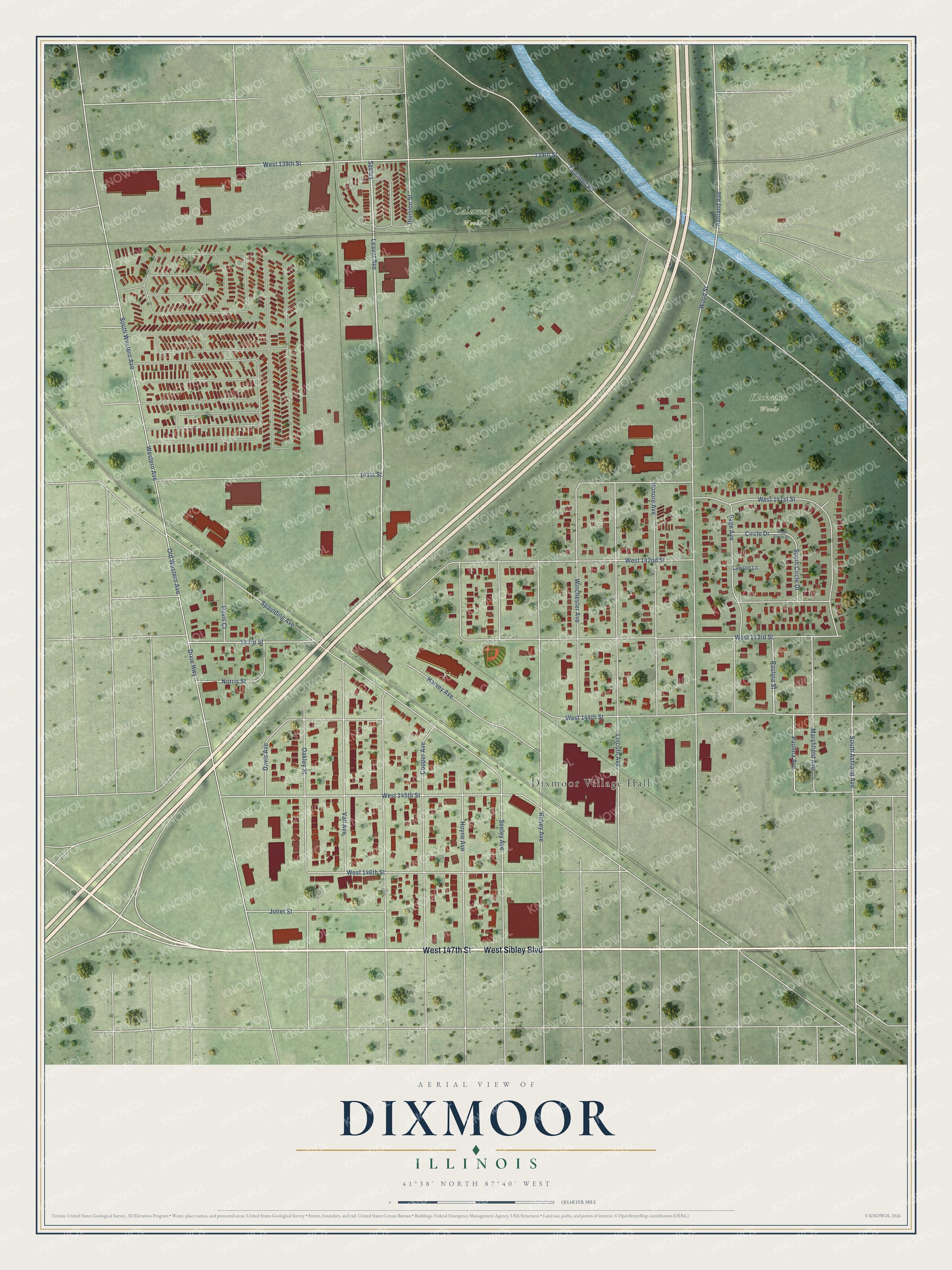 Full map of Dixmoor, Illinois, with red buildings, printed street names and the land around them