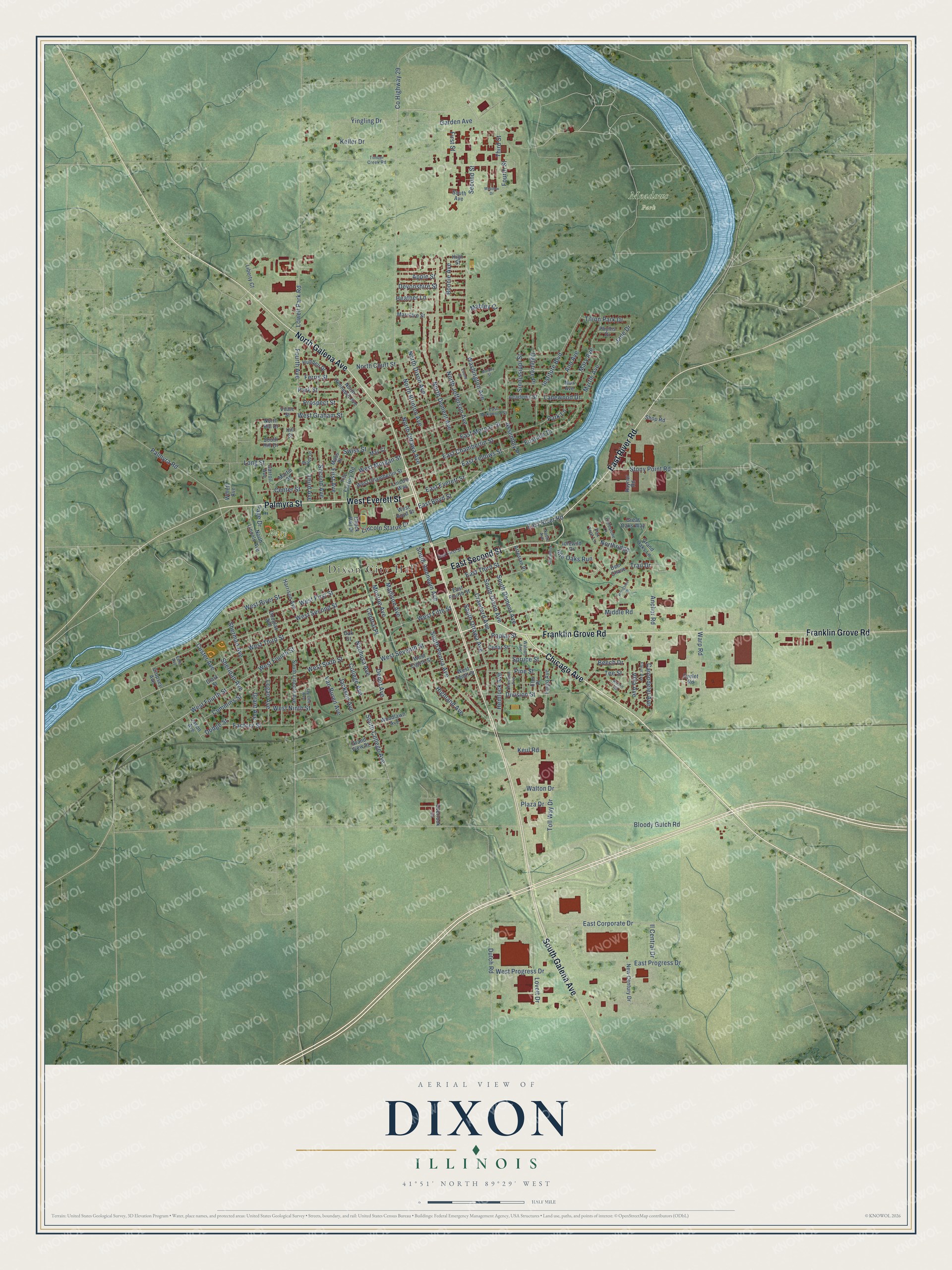 Watermarked full-map preview of Dixon, Illinois