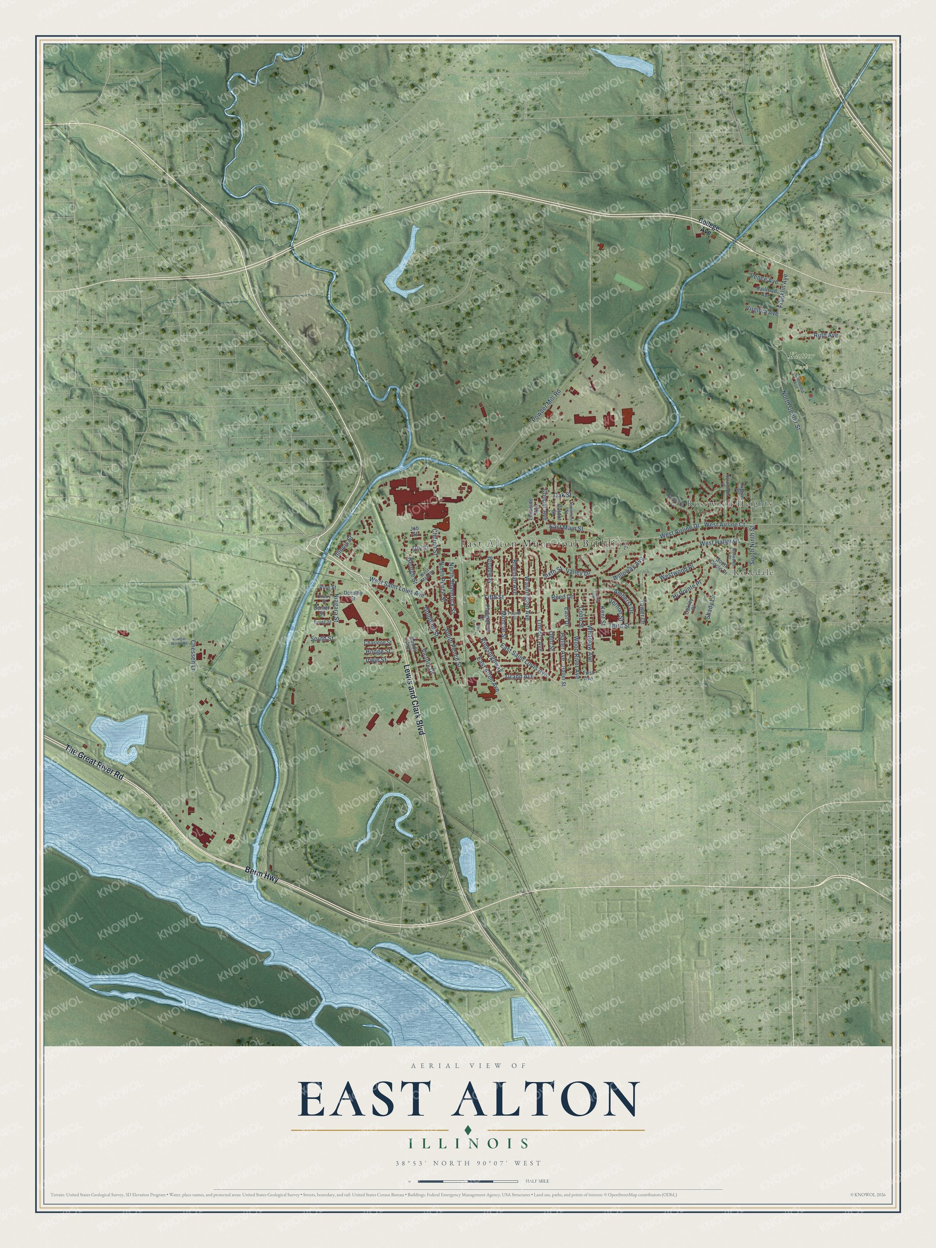 Full map of East Alton, Illinois, with red buildings, printed street names and the land around them