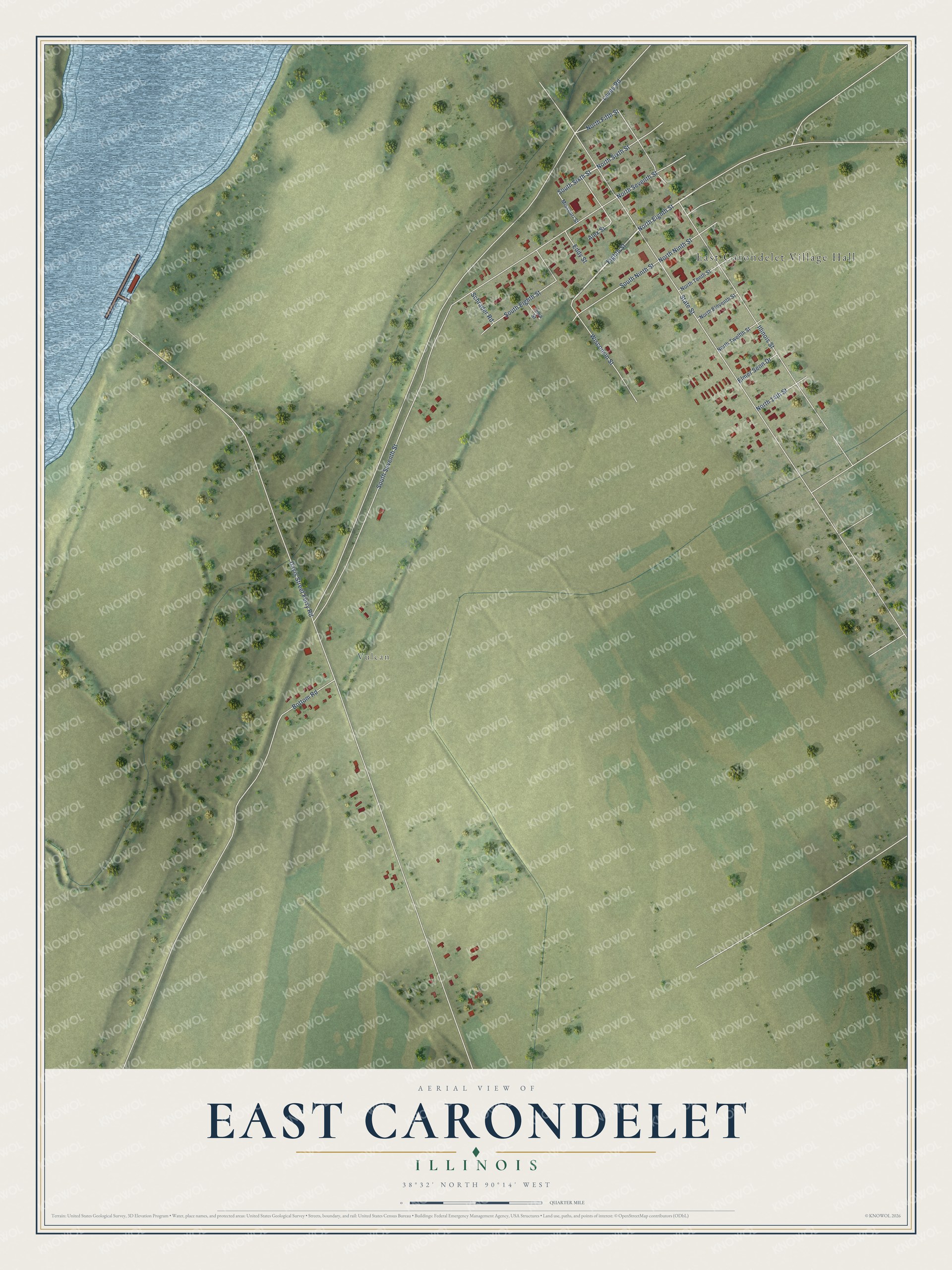 Full map of East Carondelet, Illinois, with red buildings, printed street names and the land around them