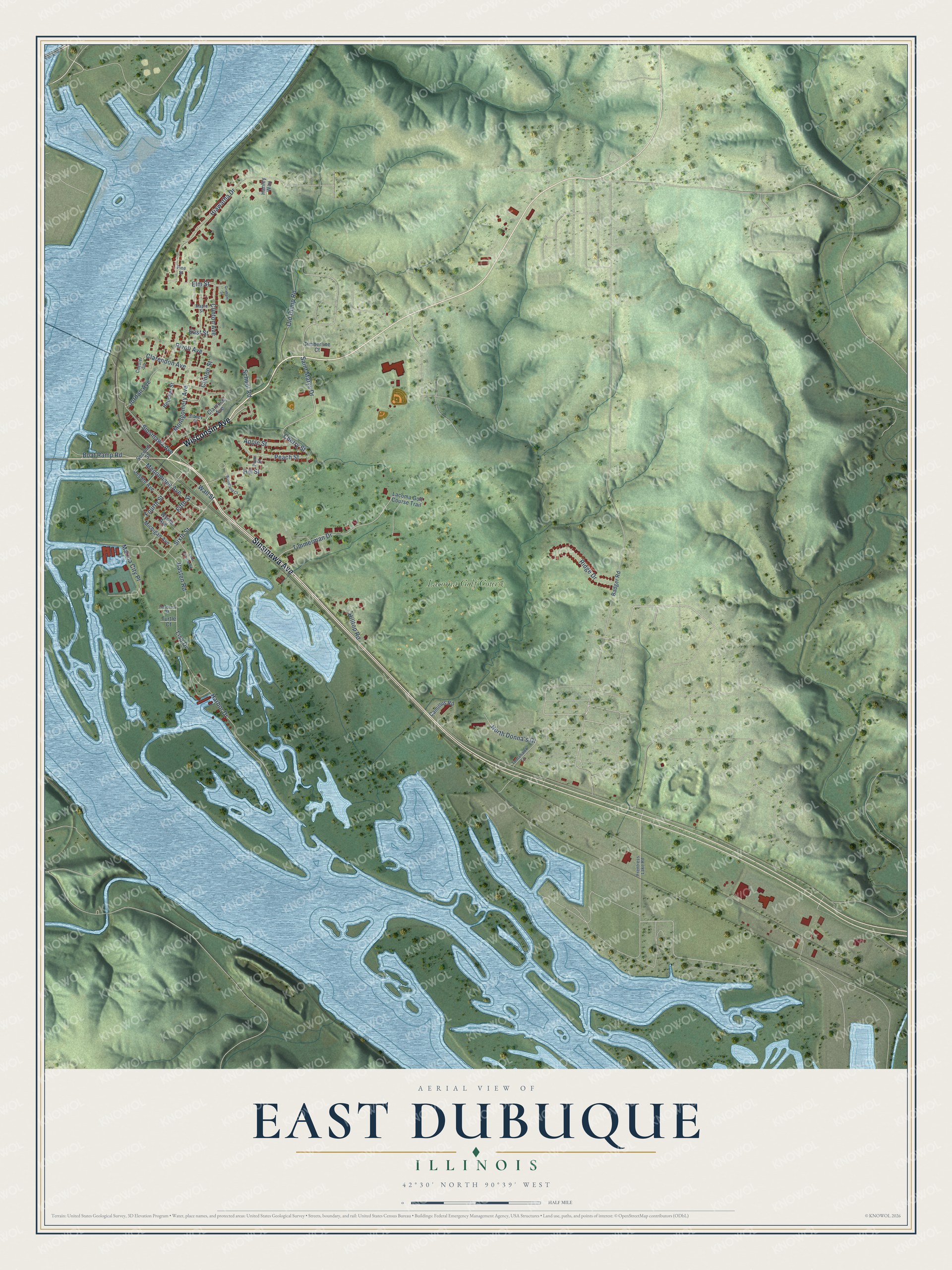 Full map of East Dubuque, Illinois, with red buildings, printed street names and the land around them