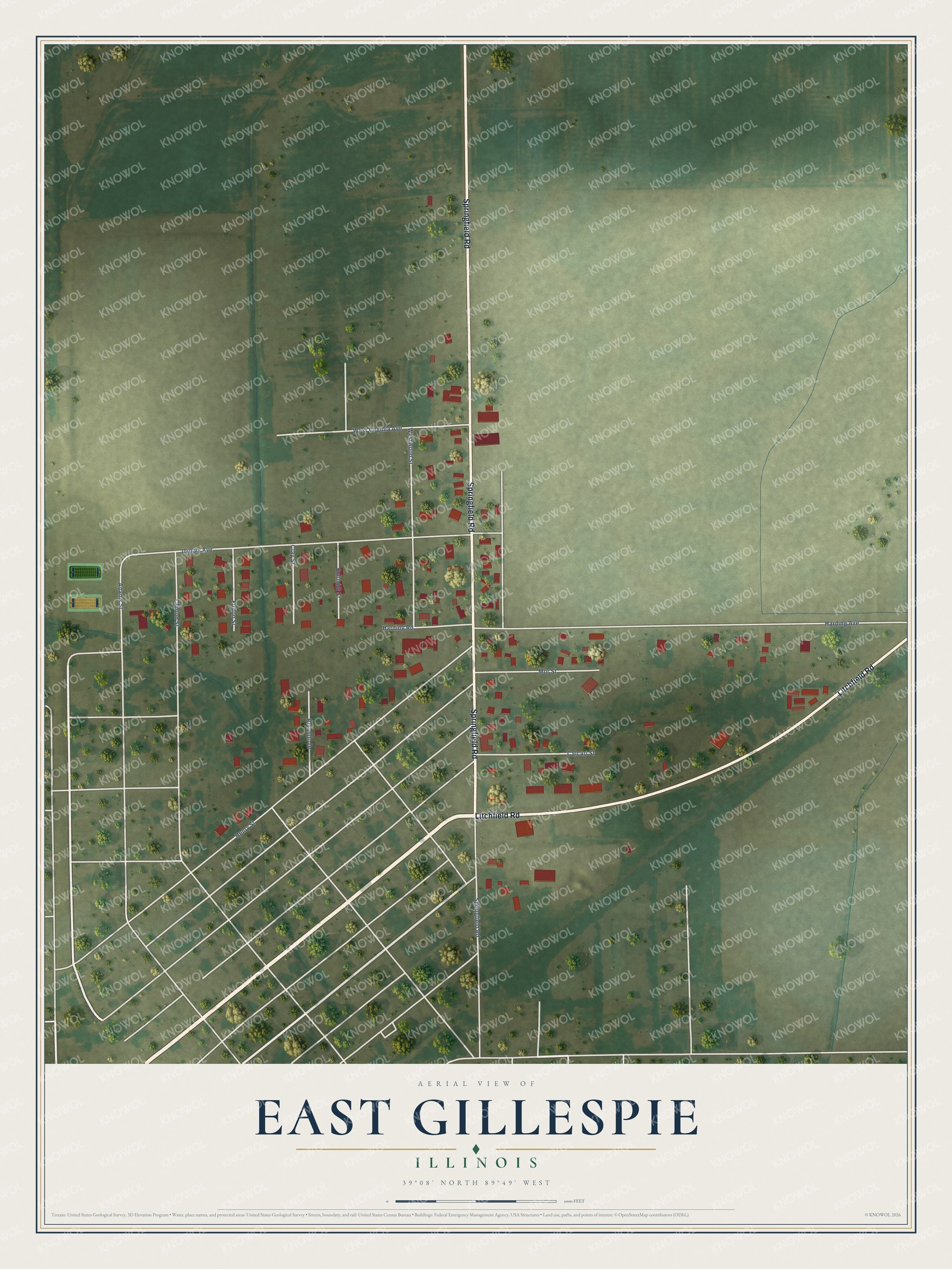 Full map of East Gillespie, Illinois, with red buildings, printed street names and the land around them