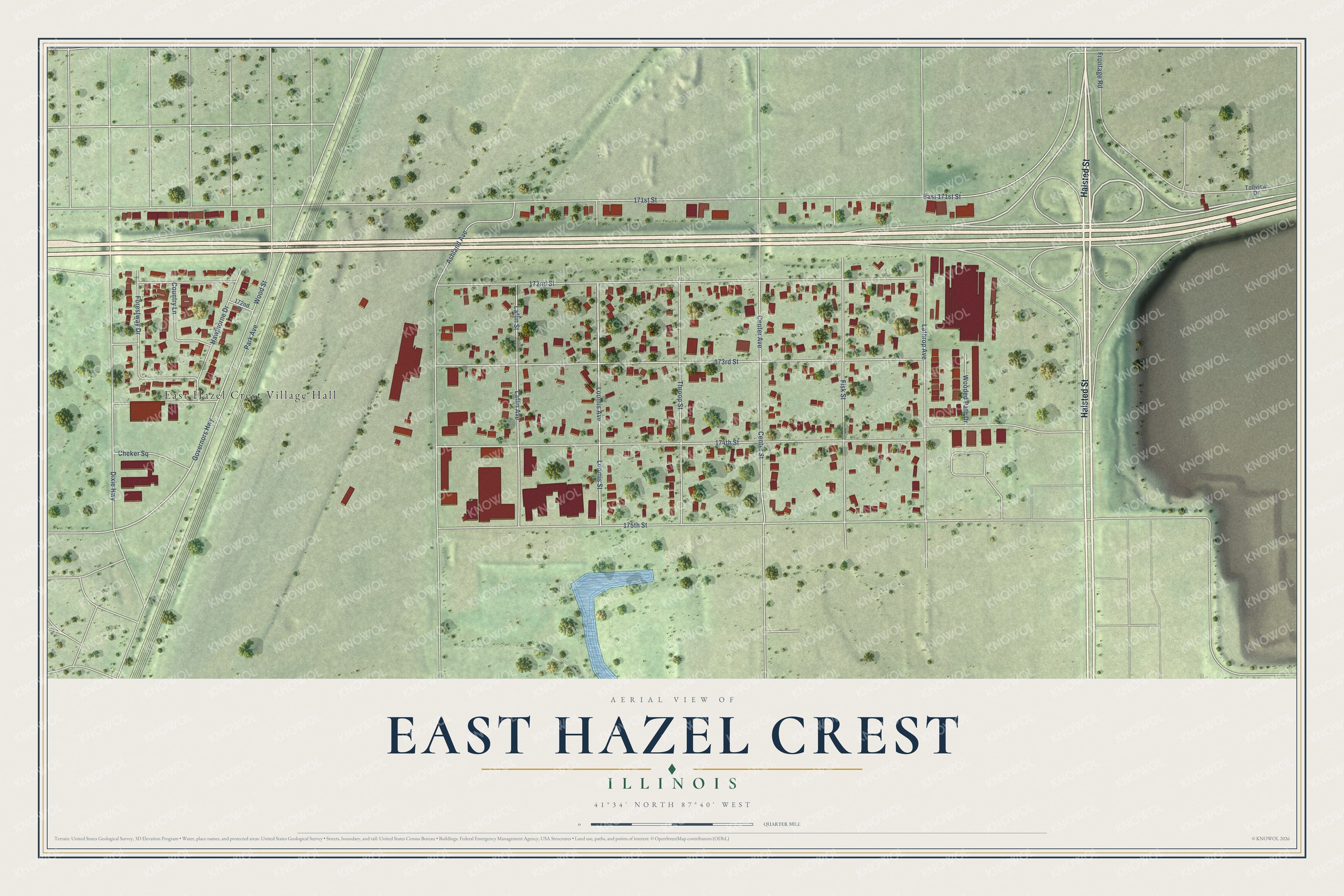 Full map of East Hazel Crest, Illinois, with red buildings, printed street names and the land around them