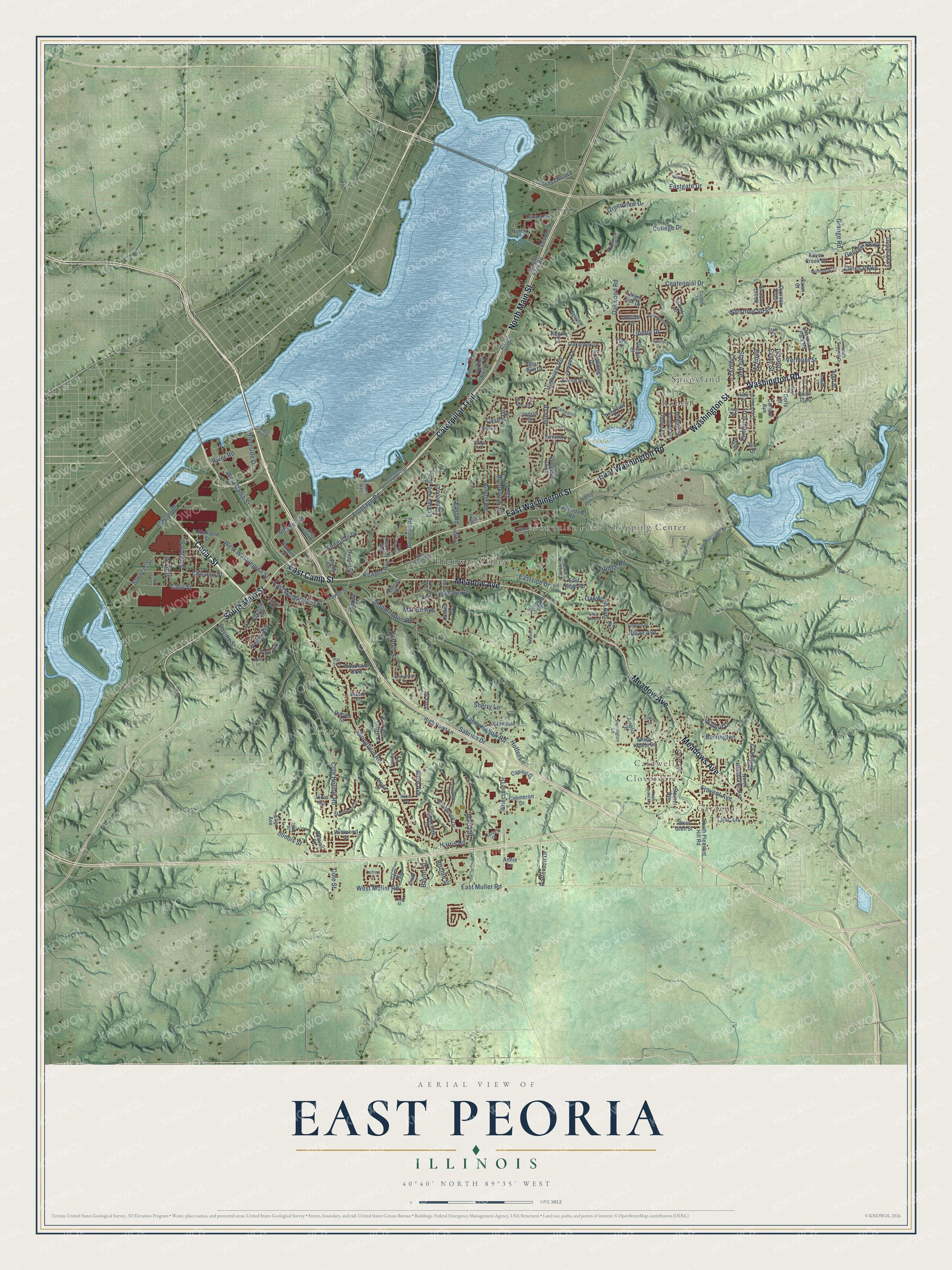 Full map of East Peoria, Illinois, with red buildings, printed street names and the land around them