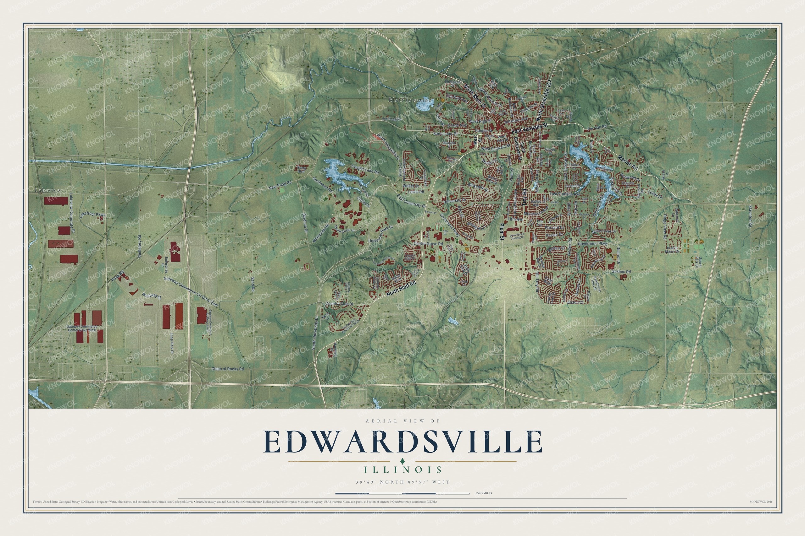 Full map of Edwardsville, Illinois, with red buildings, printed street names and the land around them