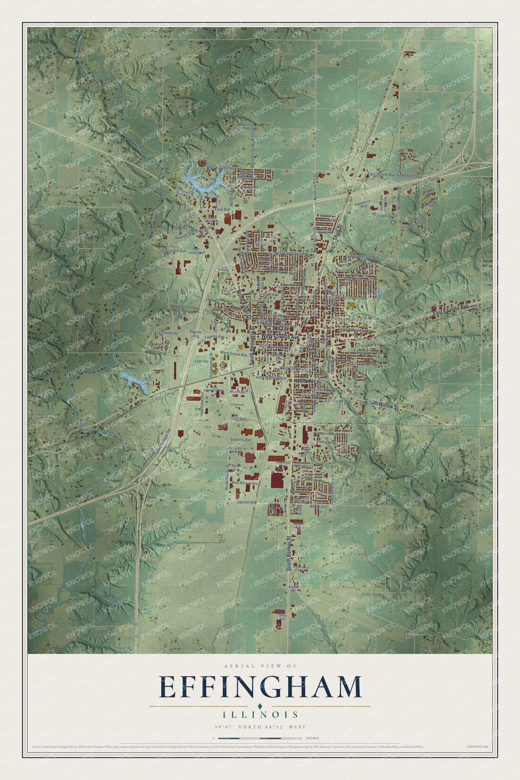 Full map of Effingham, Illinois, with red buildings, printed street names and the land around them