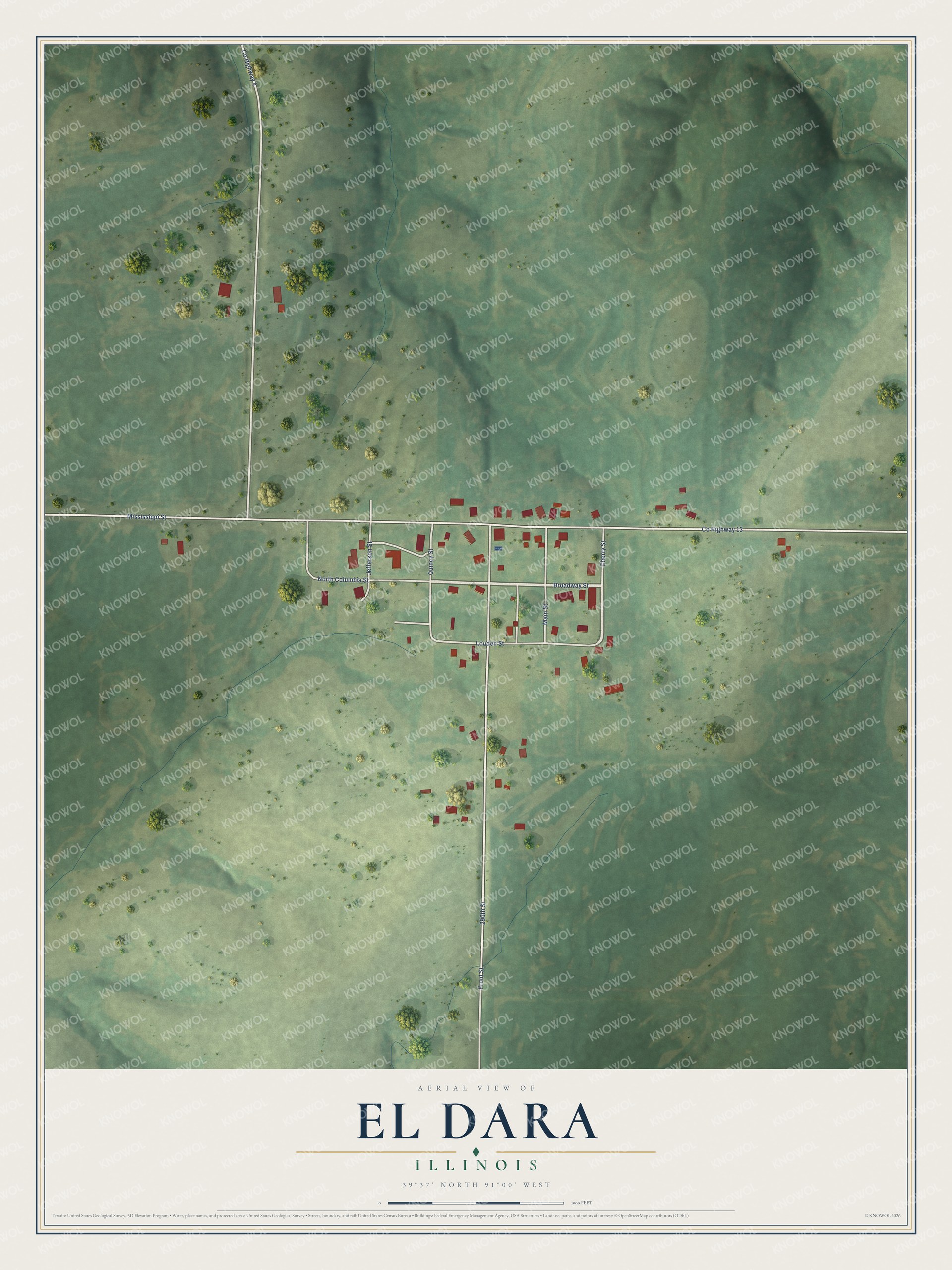 Full map of El Dara, Illinois, with red buildings, printed street names and the land around them