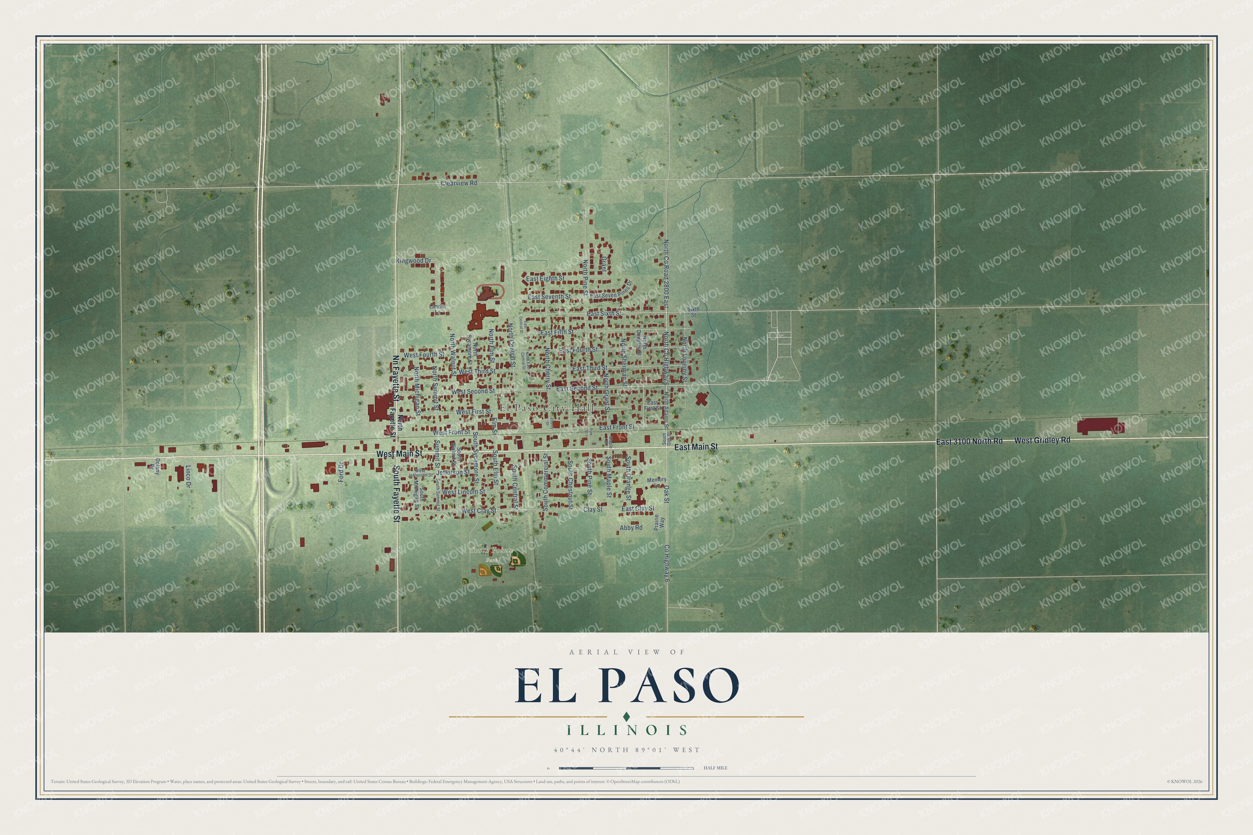 Full map of El Paso, Illinois, with red buildings, printed street names and the land around them