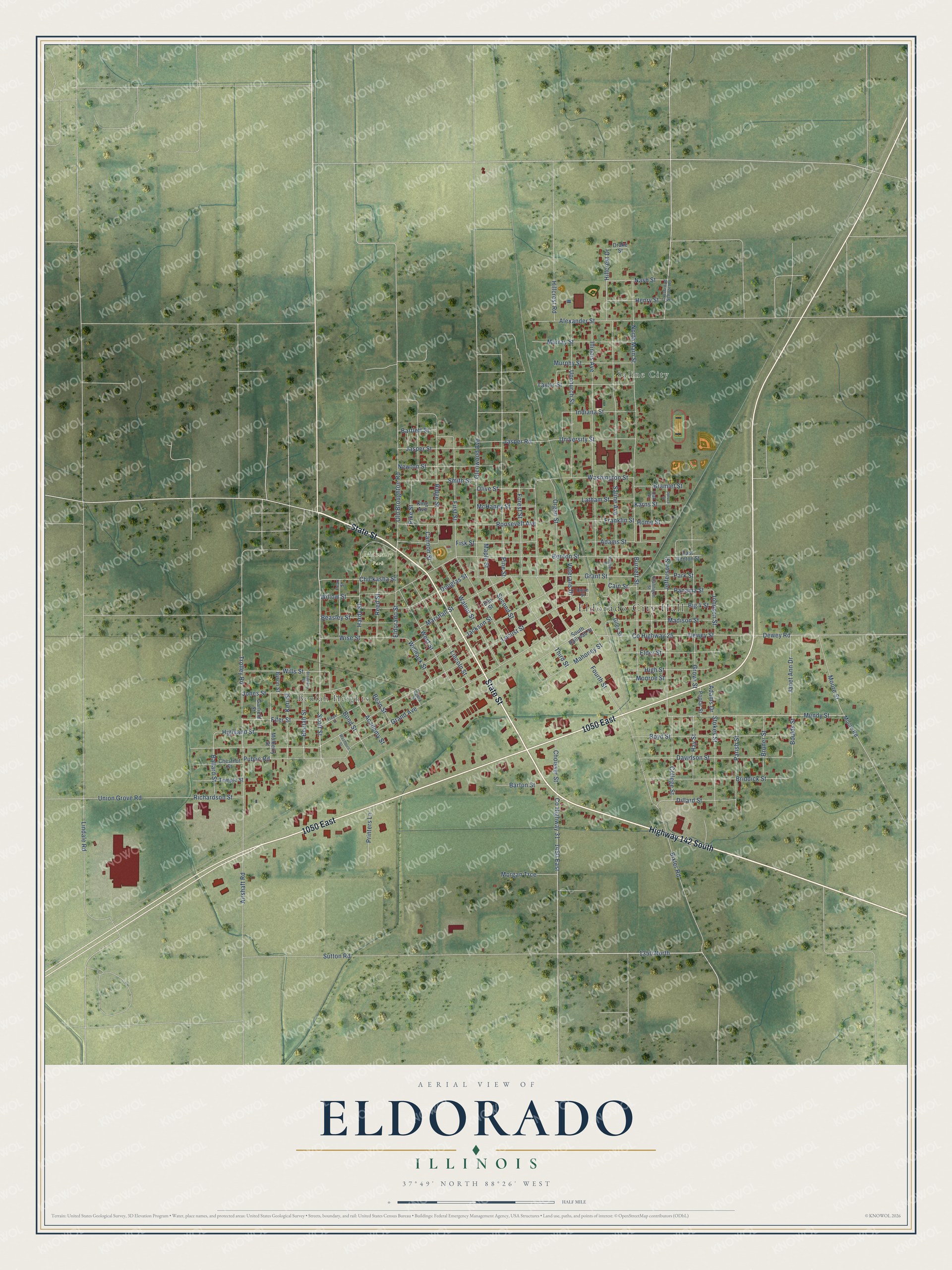 Full map of Eldorado, Illinois, with red buildings, printed street names and the land around them