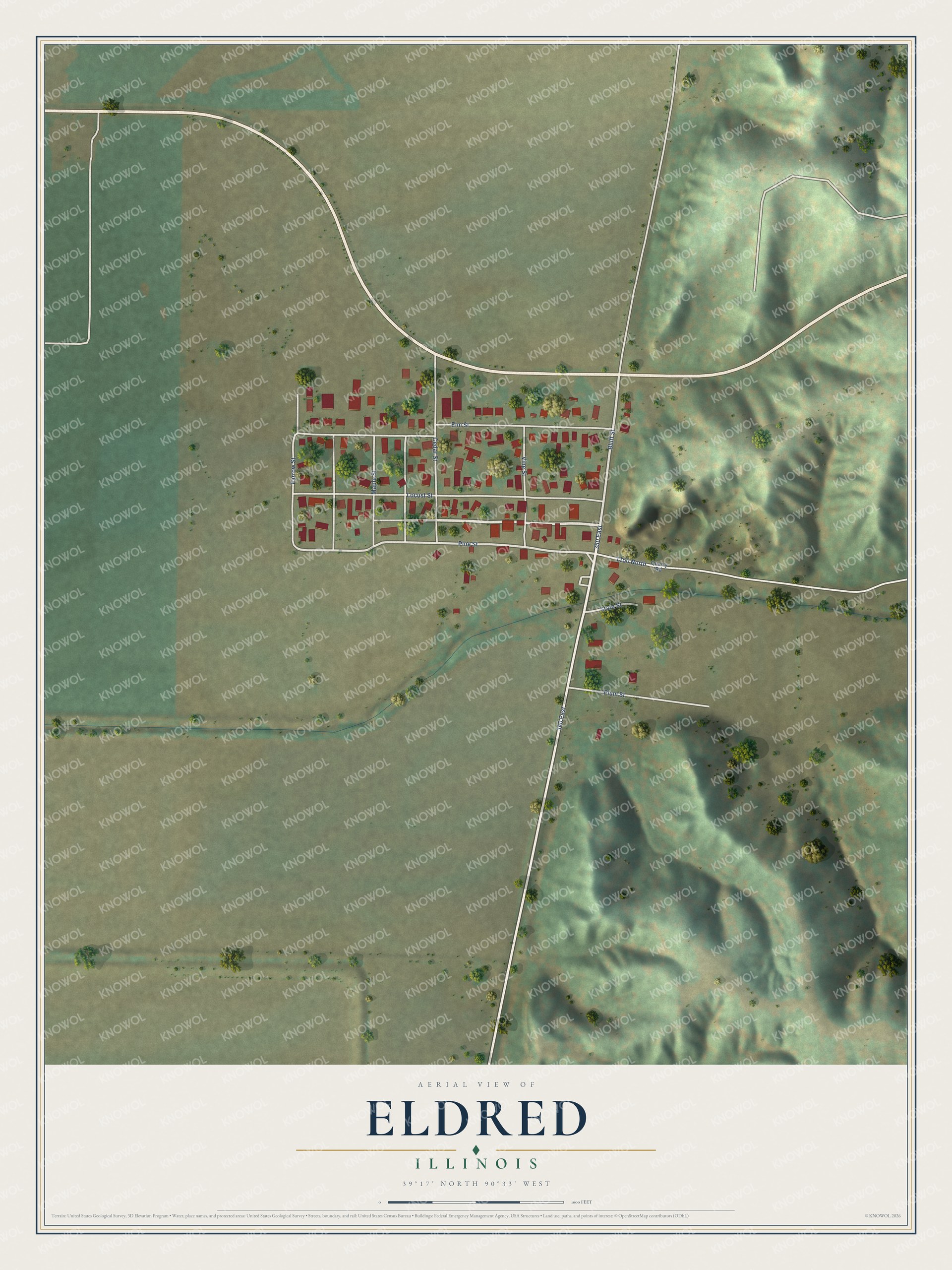 Full map of Eldred, Illinois, with red buildings, printed street names and the land around them