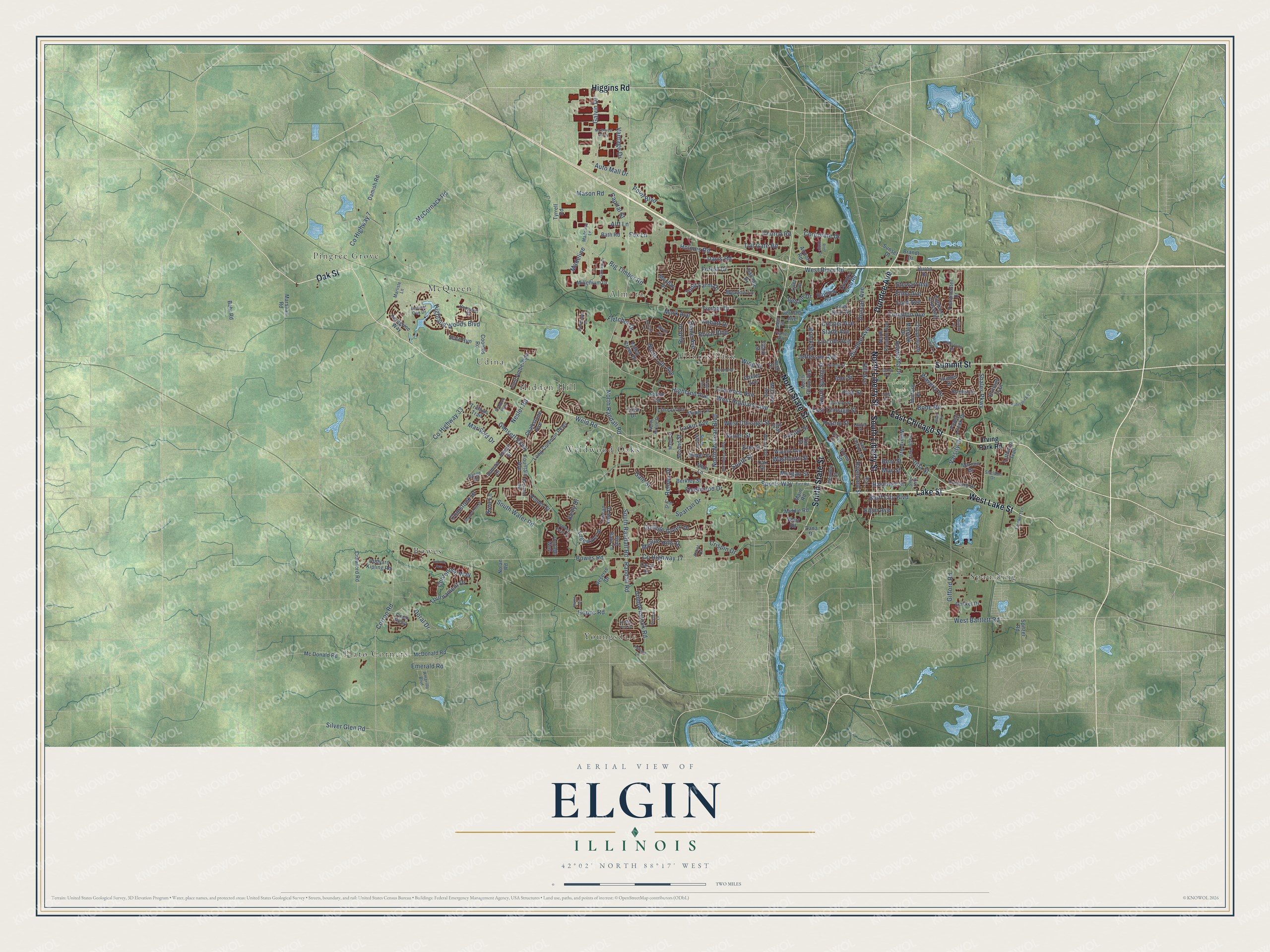 Full map of Elgin, Illinois, with red buildings, printed street names and the land around them