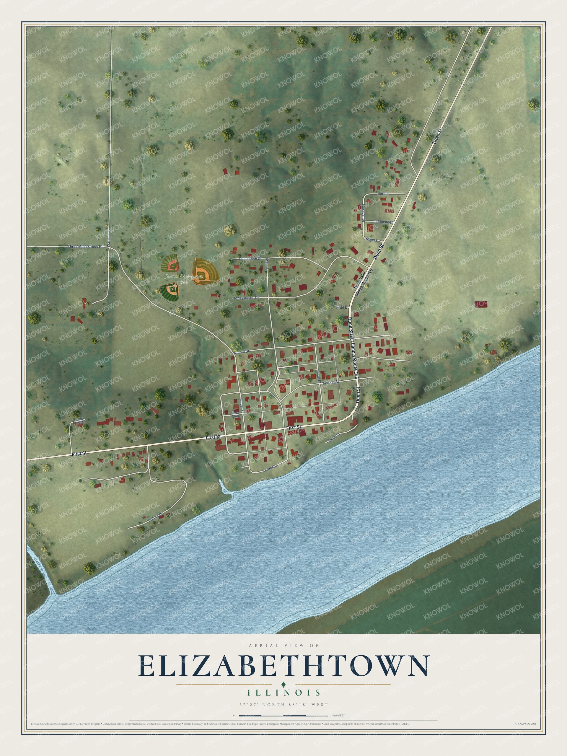 Full map of Elizabethtown, Illinois, with red buildings, printed street names and the land around them