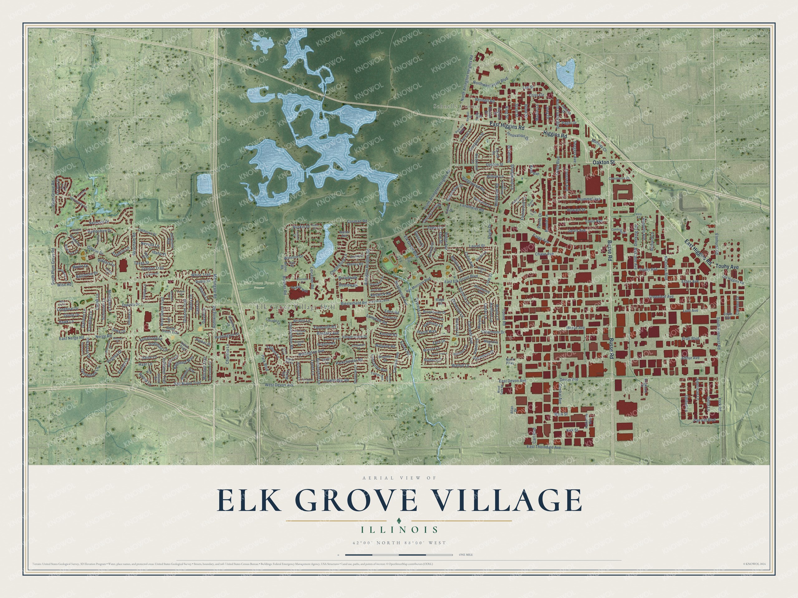 Full map of Elk Grove Village, Illinois, with red buildings, printed street names and the land around them