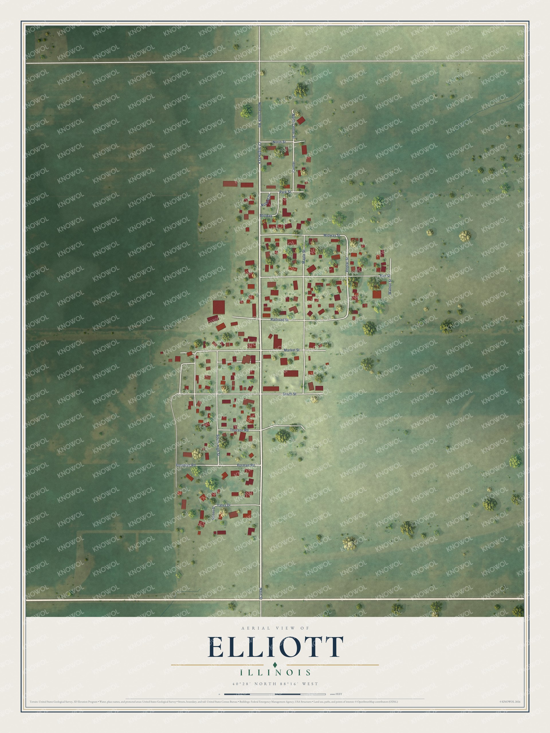 Full map of Elliott, Illinois, with red buildings, printed street names and the land around them