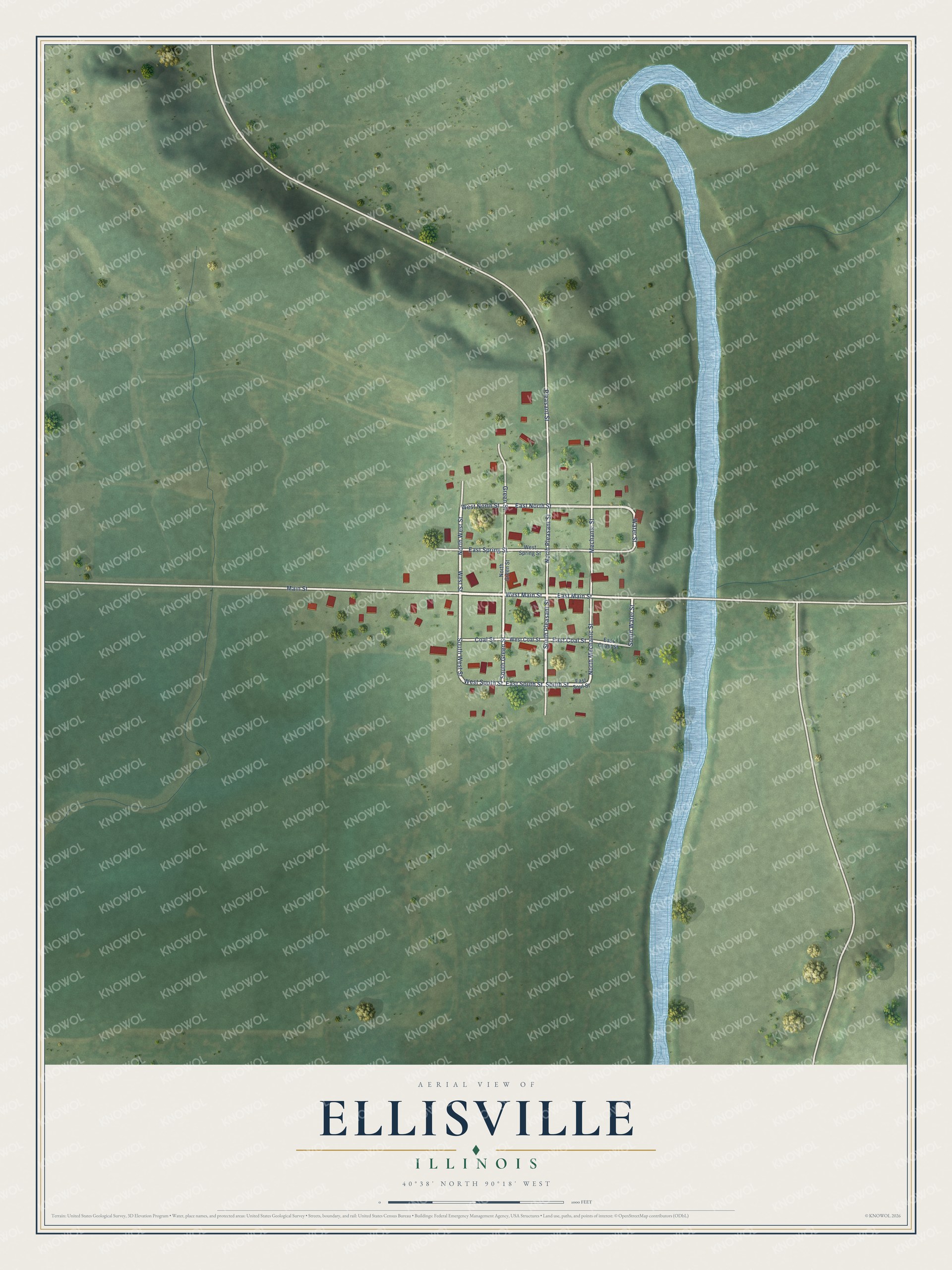 Full map of Ellisville, Illinois, with red buildings, printed street names and the land around them