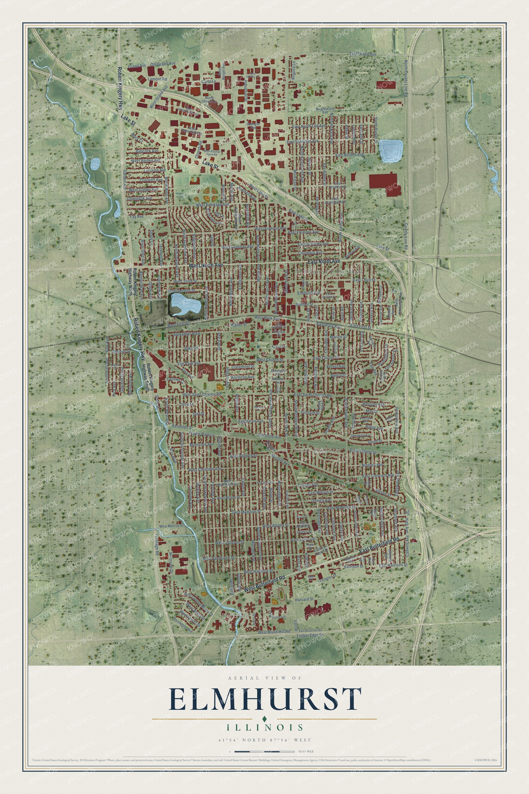 Full map of Elmhurst, Illinois, with red buildings, printed street names and the land around them