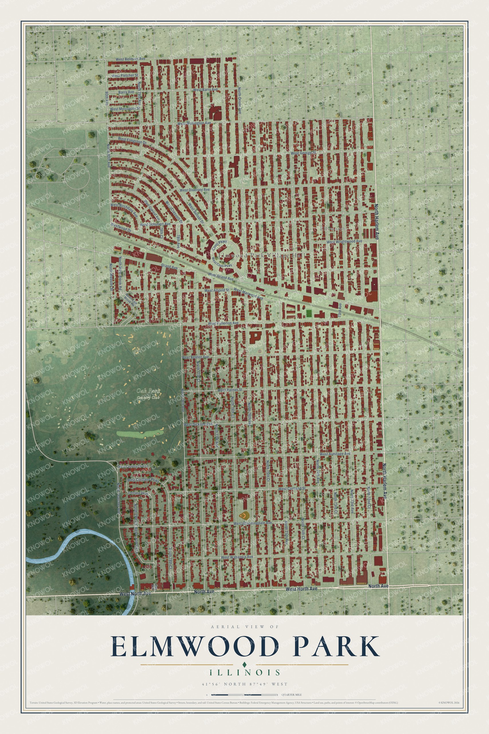 Full map of Elmwood Park, Illinois, with red buildings, printed street names and the land around them