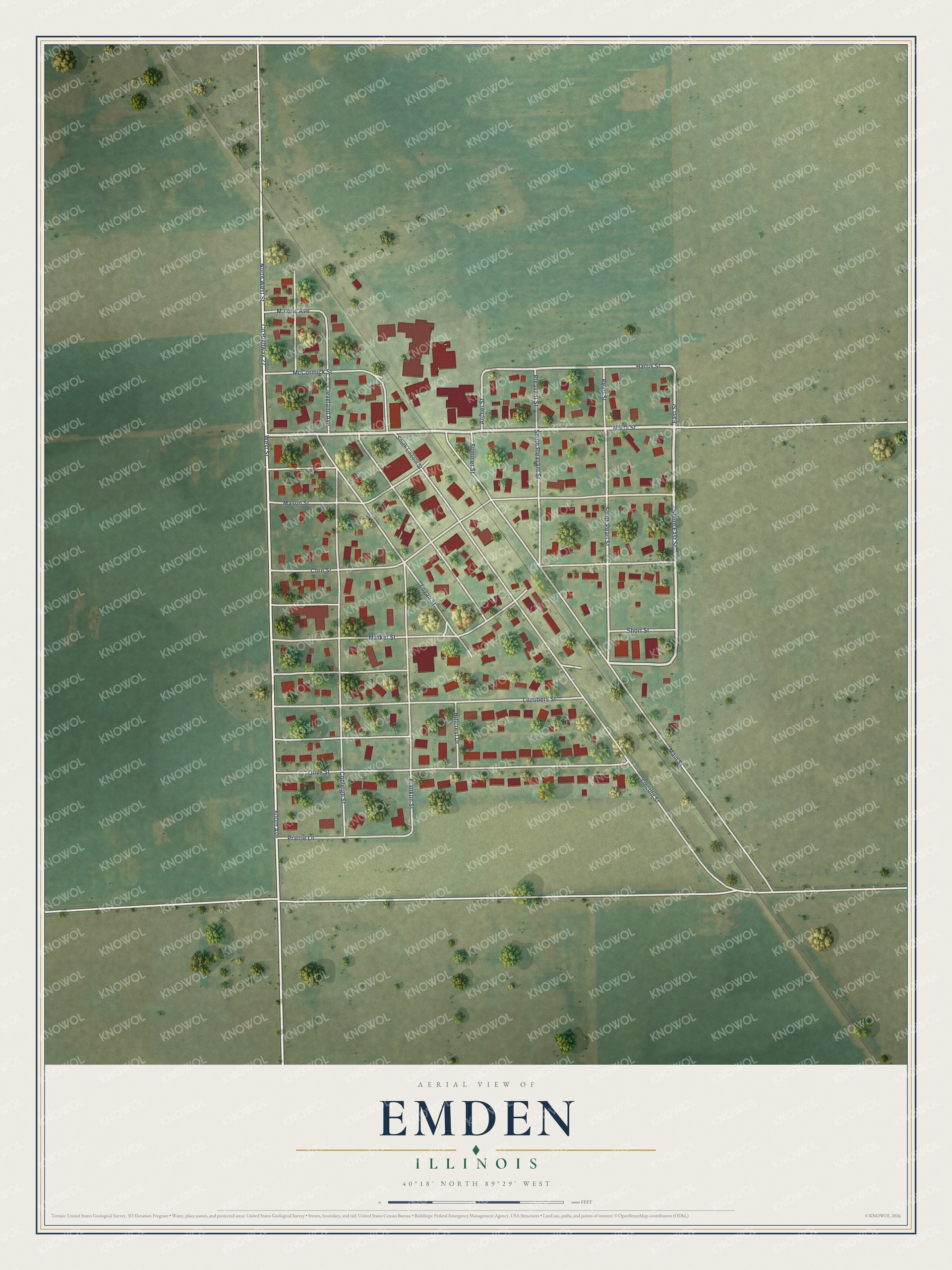 Full map of Emden, Illinois, with red buildings, printed street names and the land around them