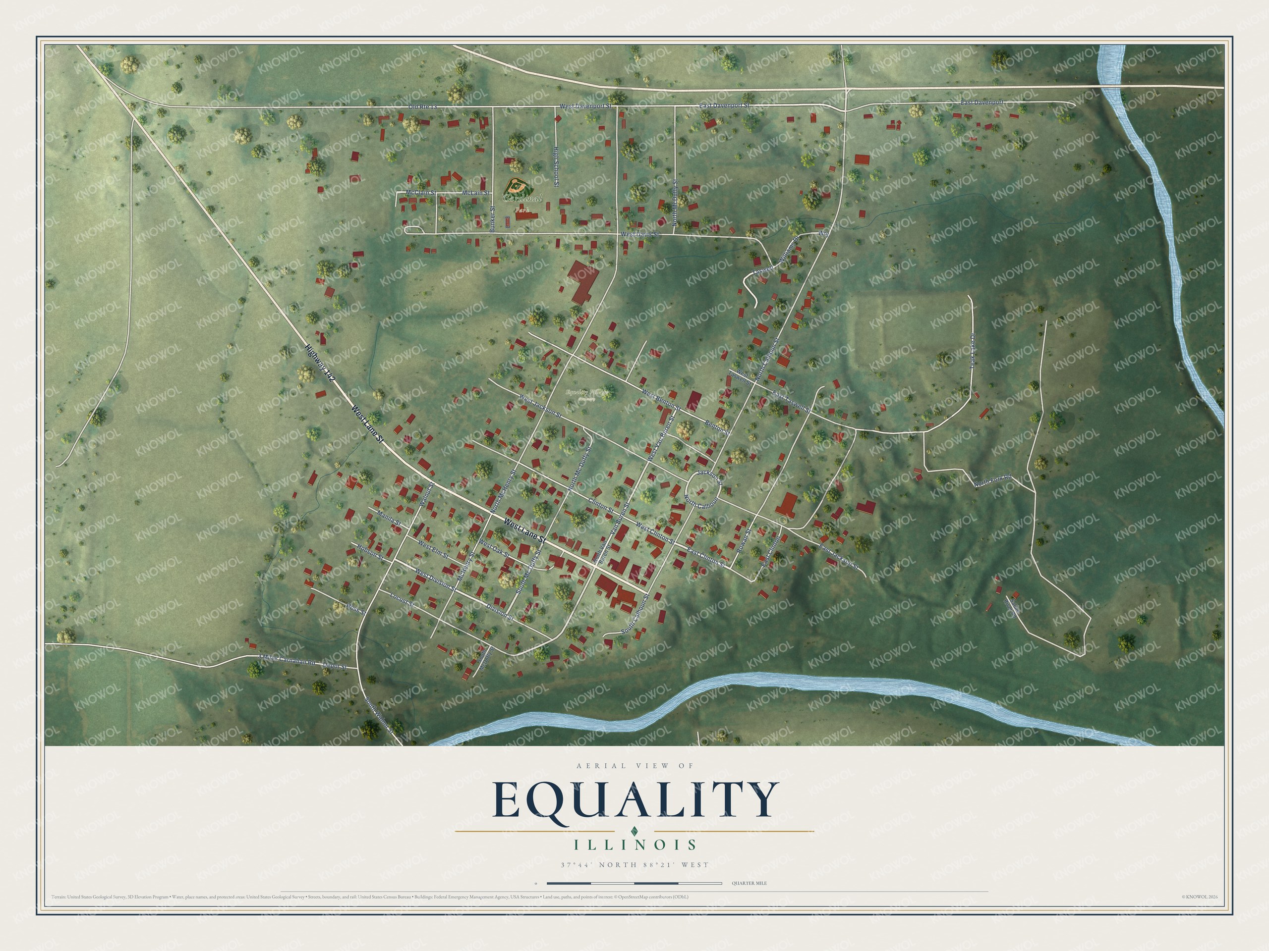 Full map of Equality, Illinois, with red buildings, printed street names and the land around them
