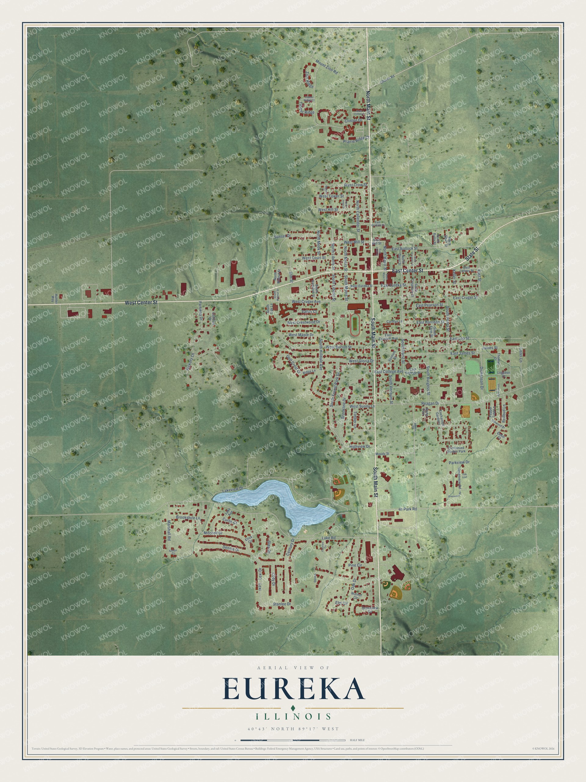Full map of Eureka, Illinois, with red buildings, printed street names and the land around them
