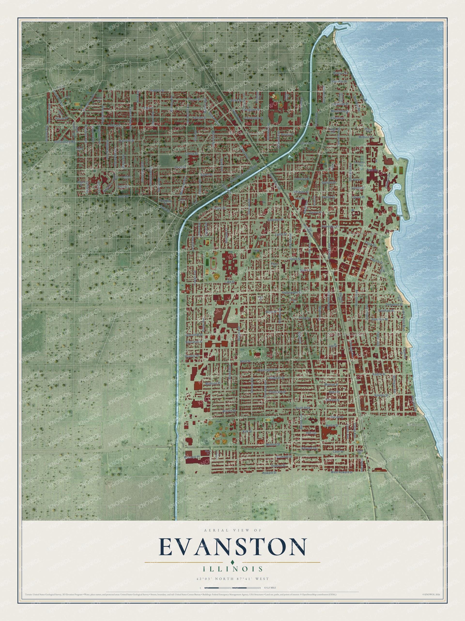 Watermarked full-map preview of Evanston, Illinois