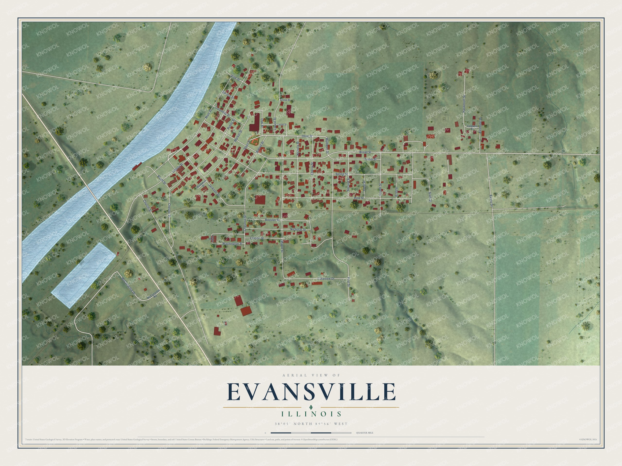 Full map of Evansville, Illinois, with red buildings, printed street names and the land around them