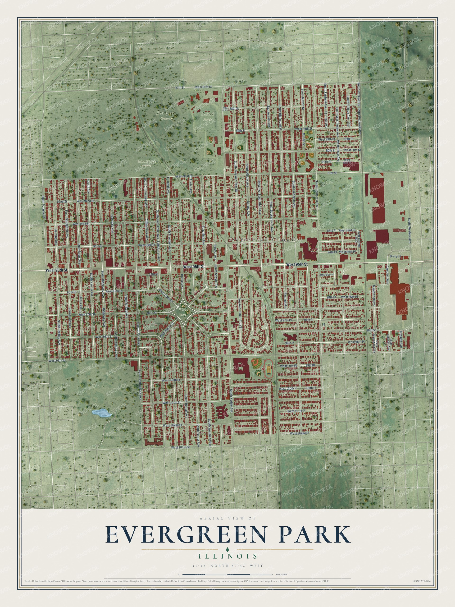 Full map of Evergreen Park, Illinois, with red buildings, printed street names and the land around them