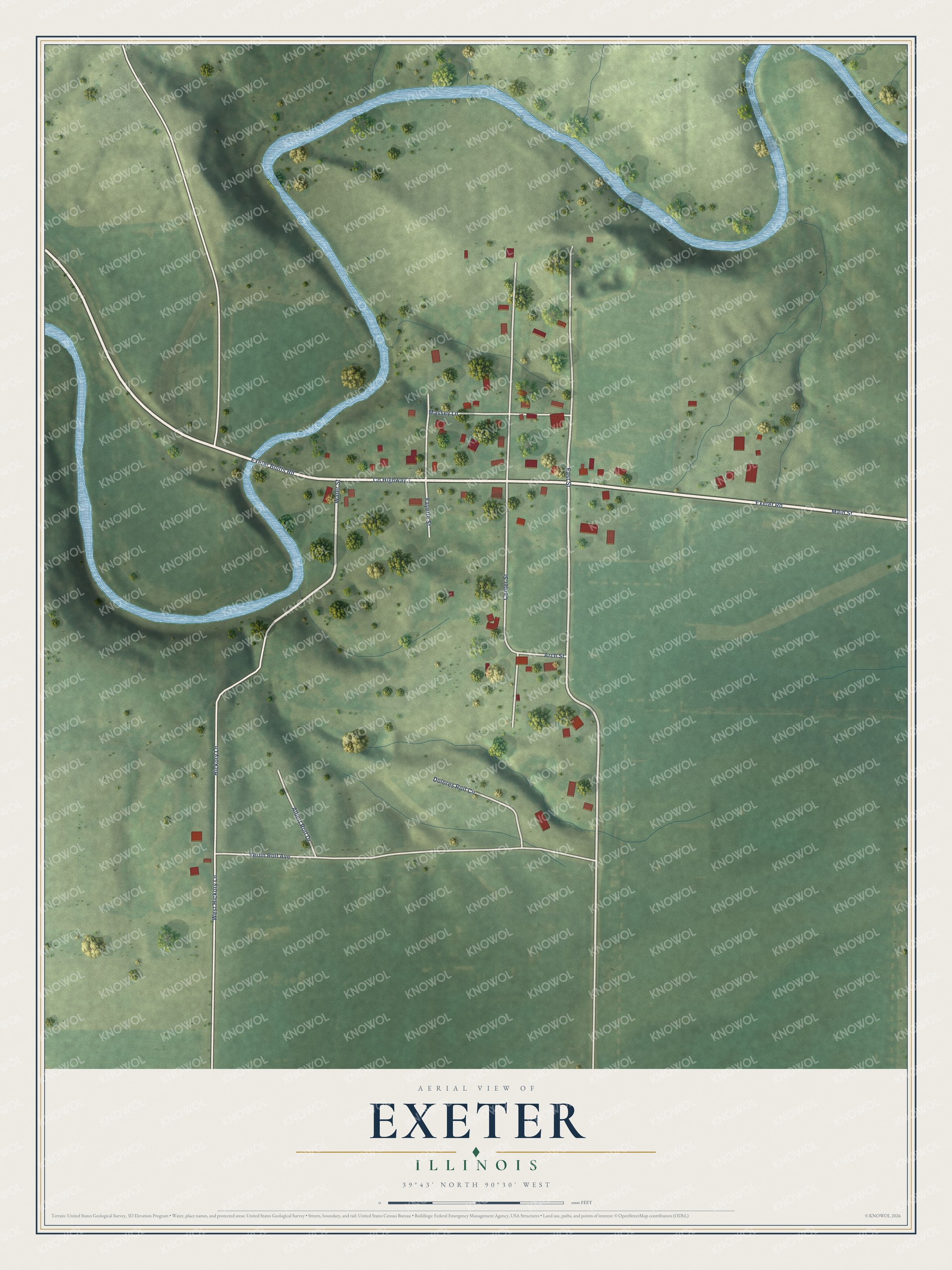 Full map of Exeter, Illinois, with red buildings, printed street names and the land around them