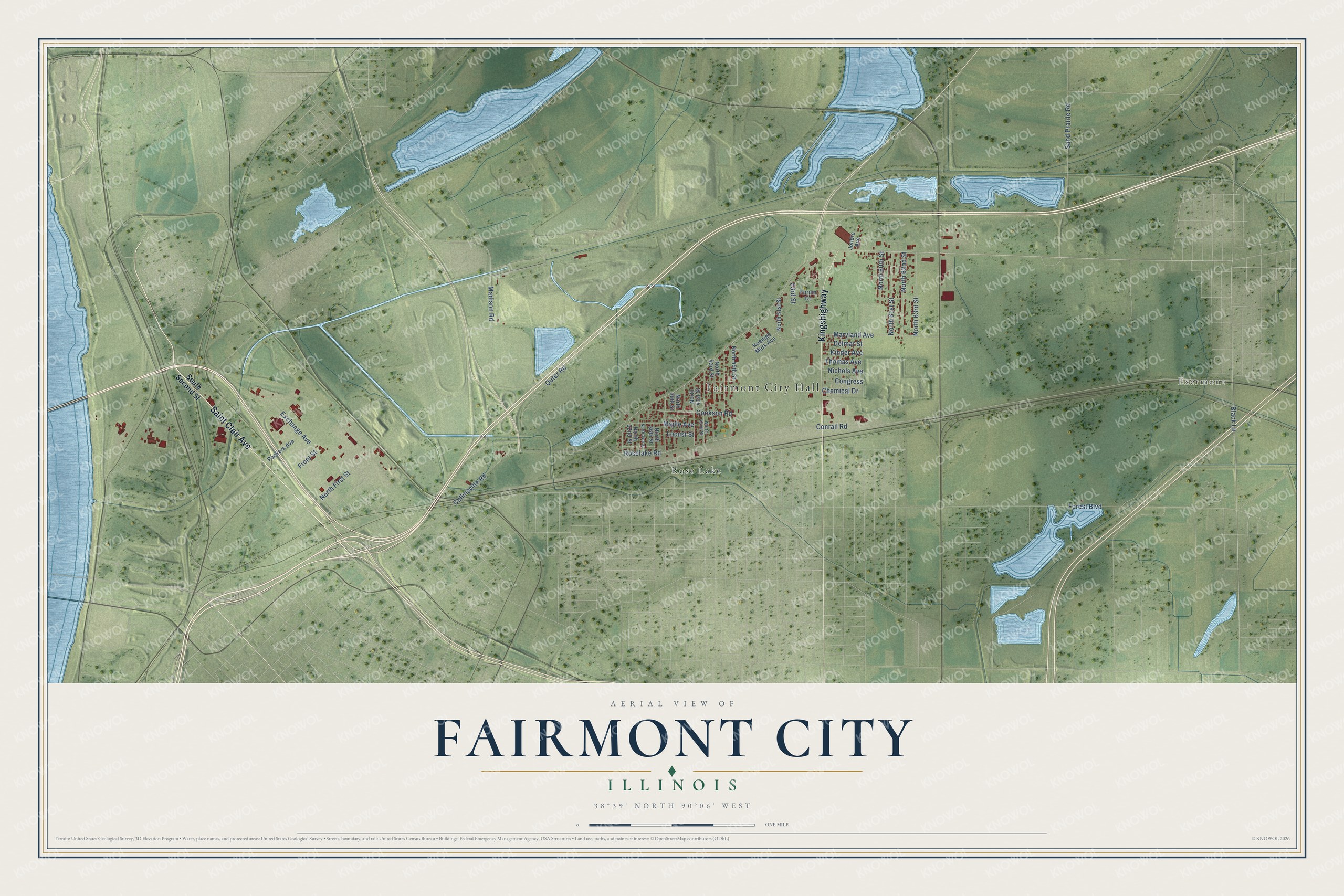 Full map of Fairmont City, Illinois, with red buildings, printed street names and the land around them