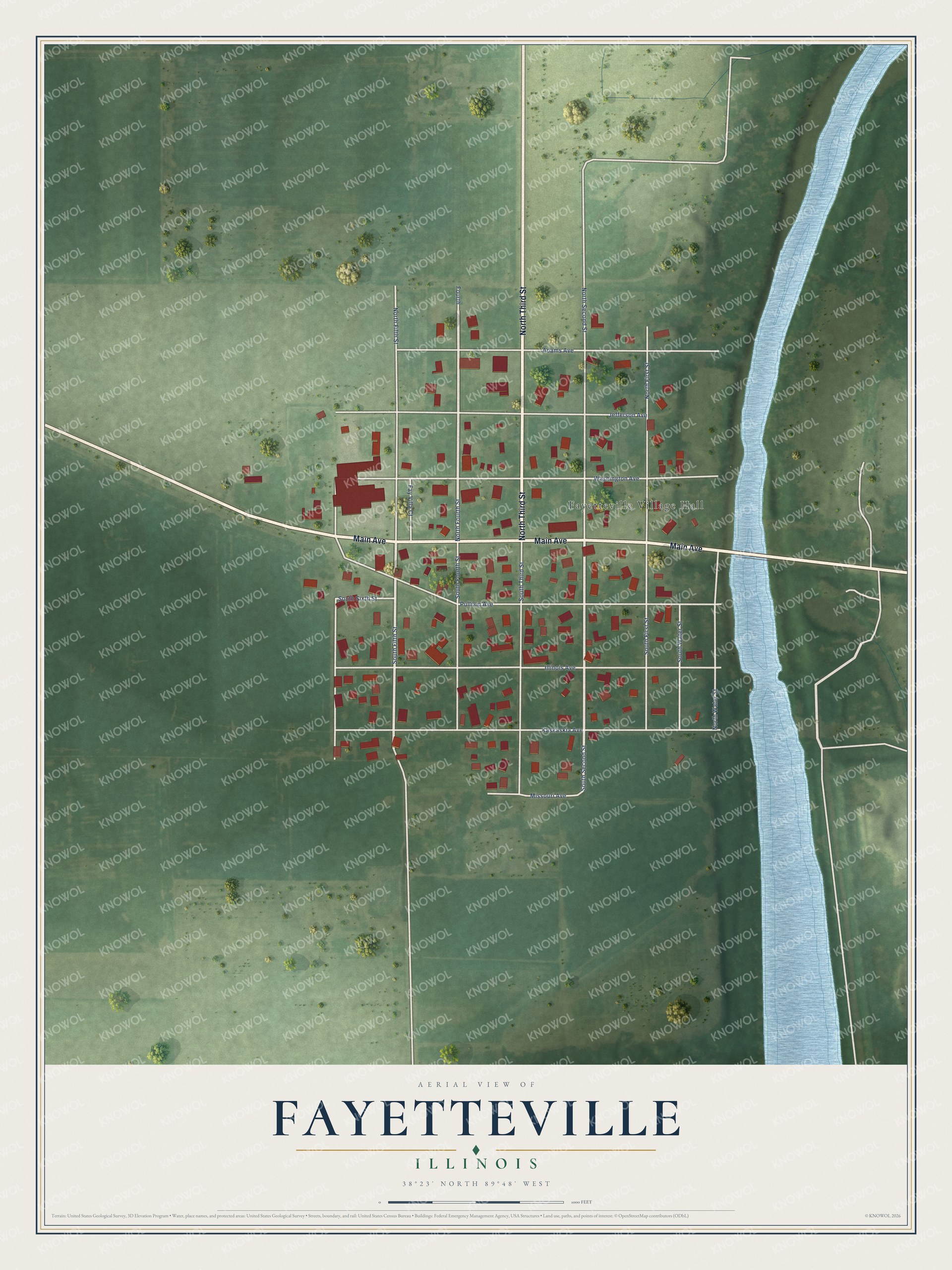 Full map of Fayetteville, Illinois, with red buildings, printed street names and the land around them