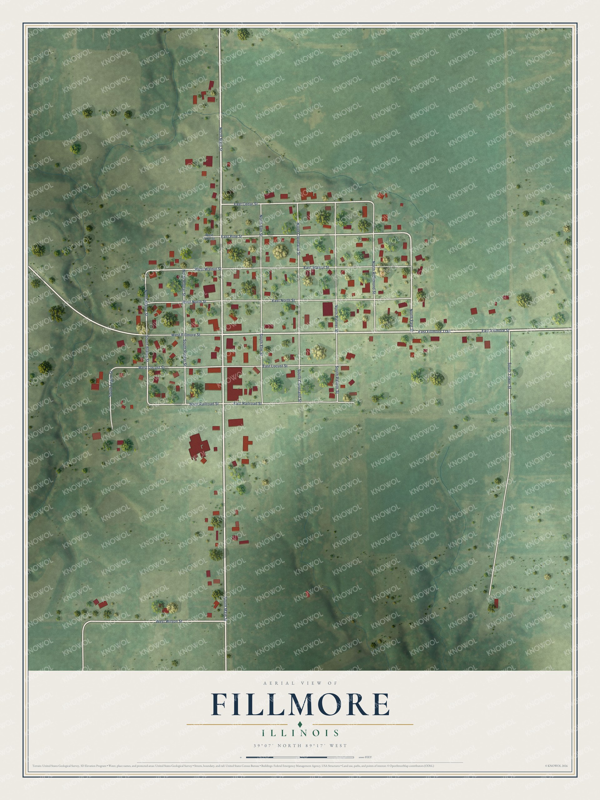 Full map of Fillmore, Illinois, with red buildings, printed street names and the land around them