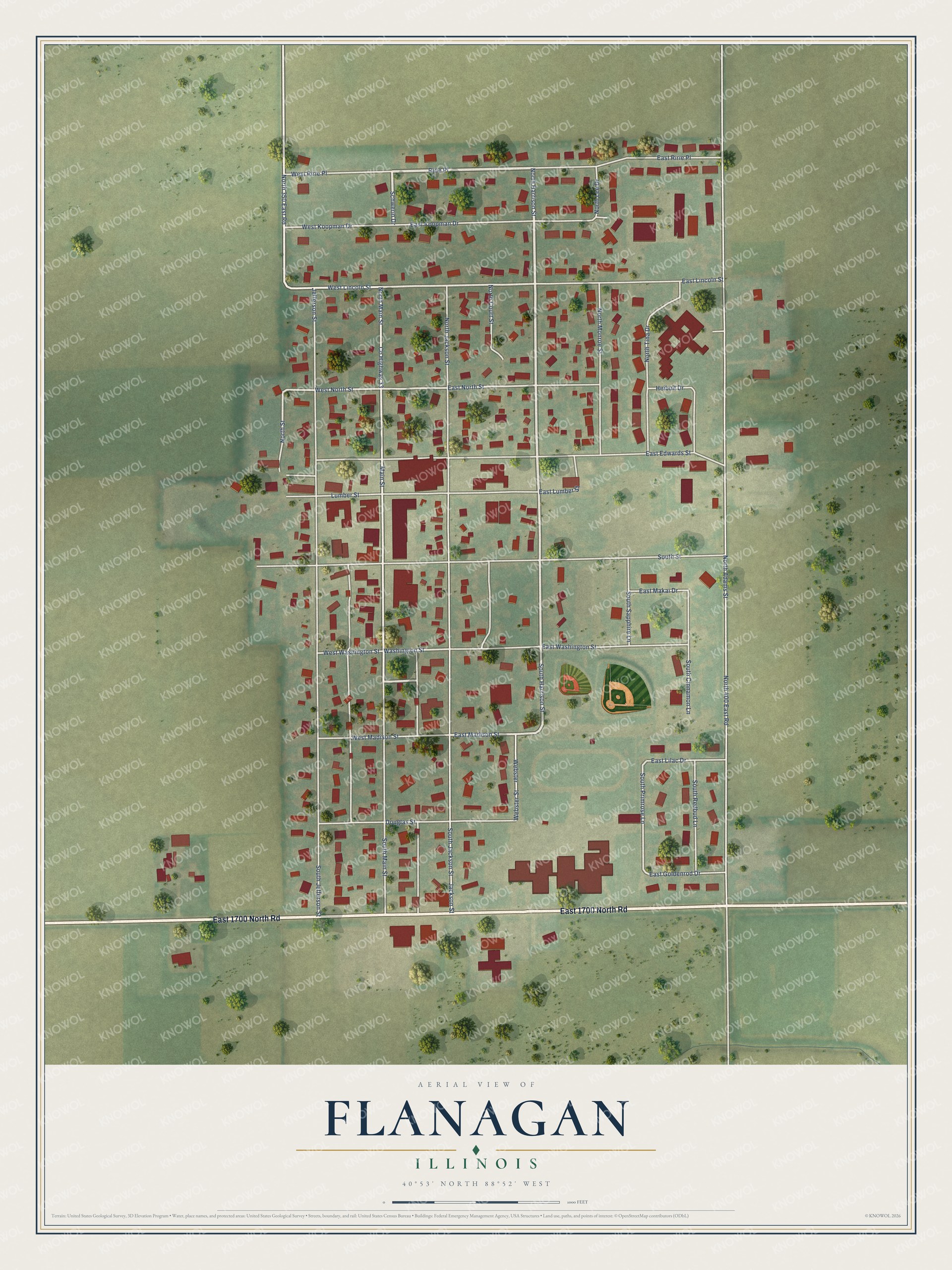 Full map of Flanagan, Illinois, with red buildings, printed street names and the land around them