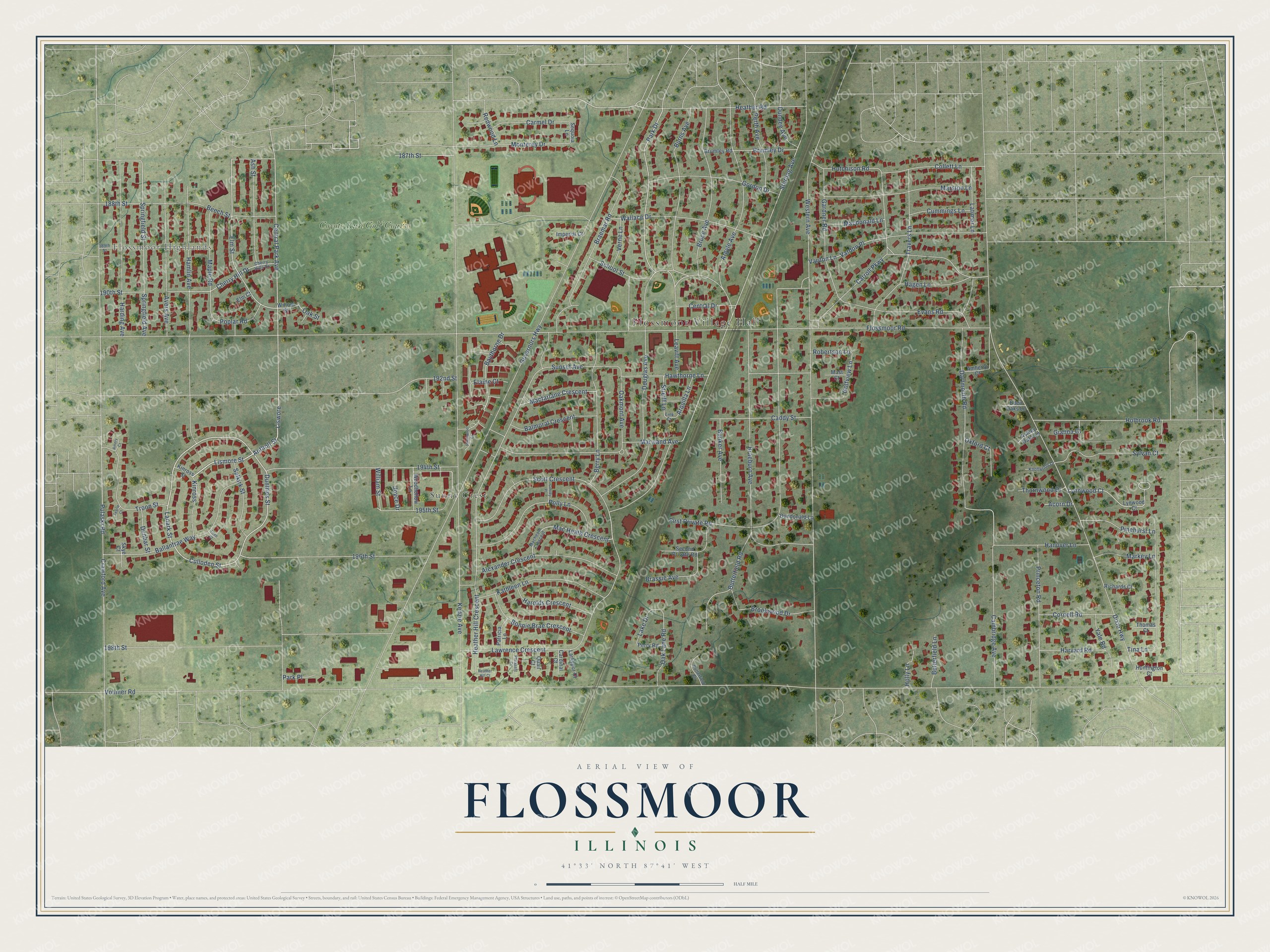 Full map of Flossmoor, Illinois, with red buildings, printed street names and the land around them