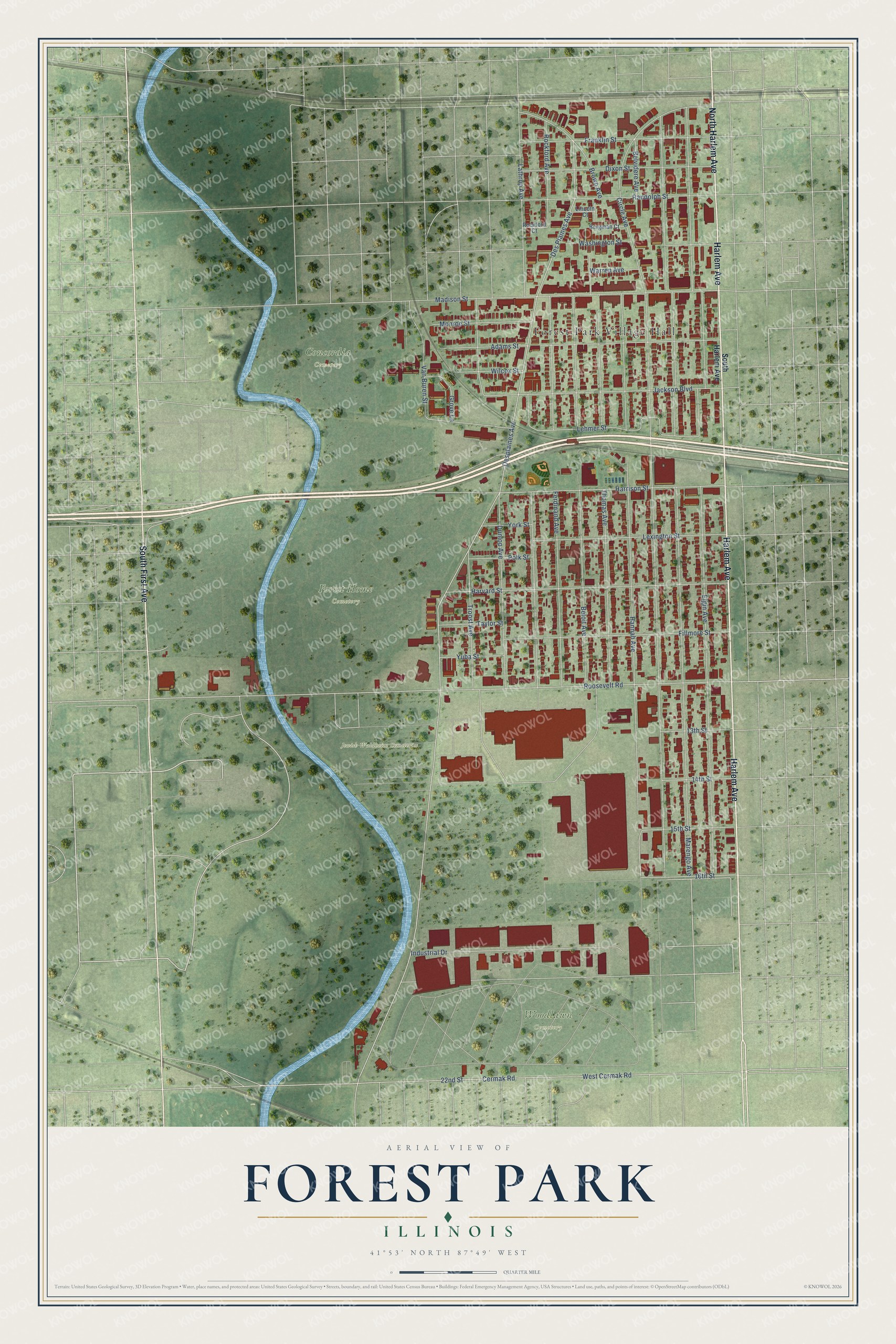 Watermarked full-map preview of Forest Park, Illinois