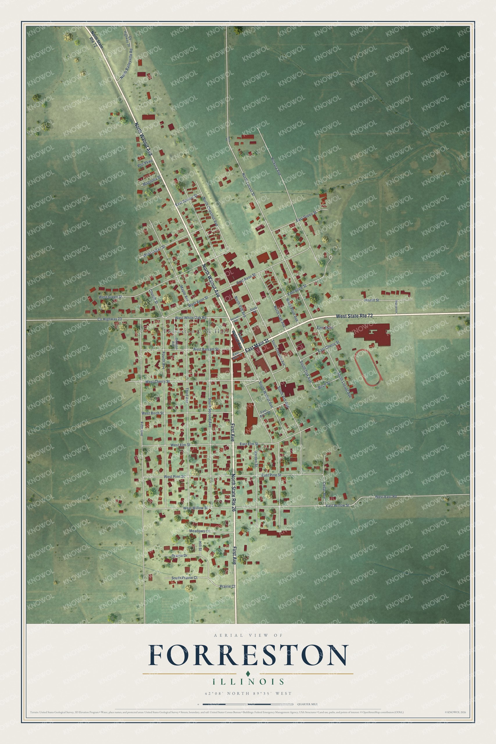 Full map of Forreston, Illinois, with red buildings, printed street names and the land around them